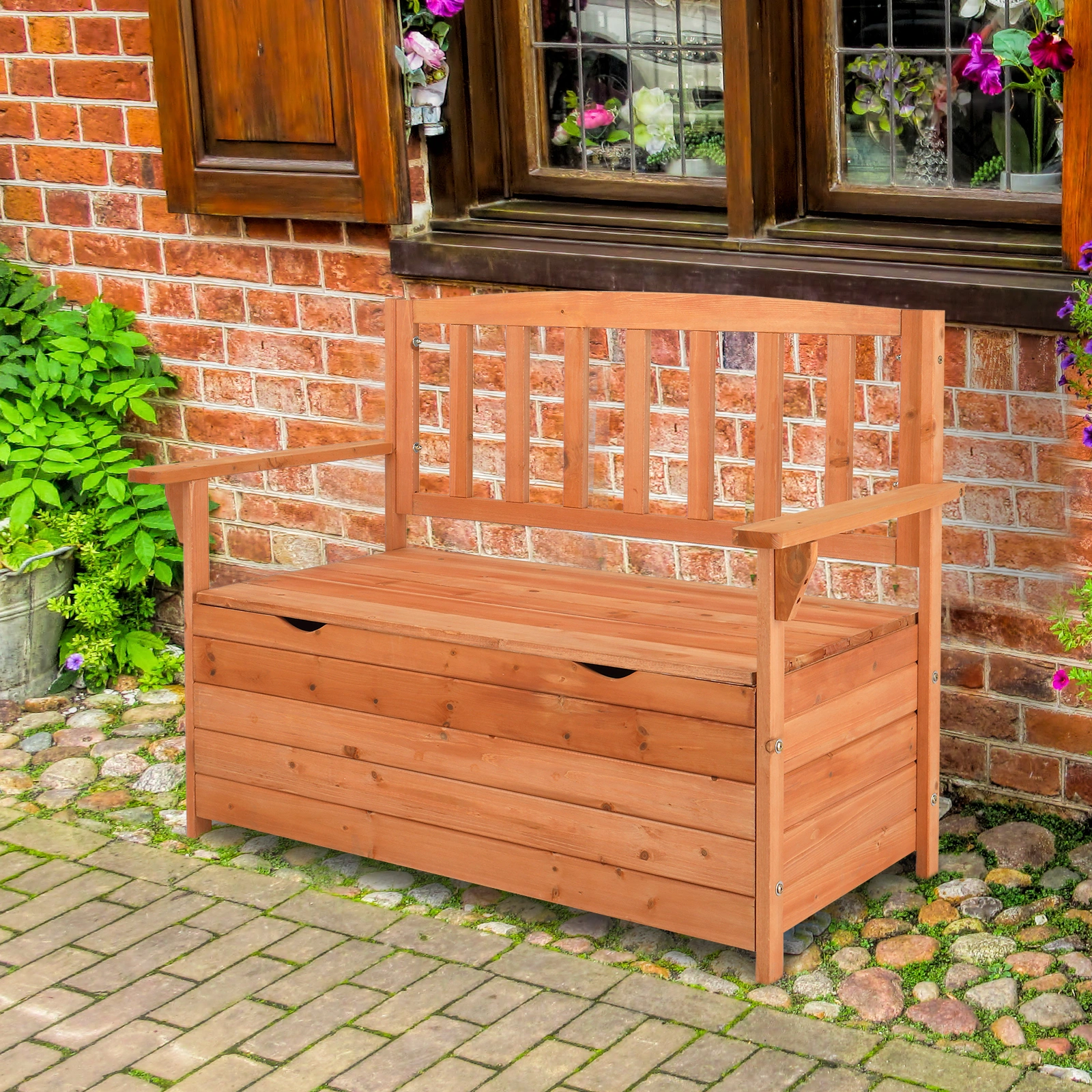 112x58x84cm Cedar Outdoor Storage Box Bench with Backrest & Armrest, Waterproof Yard Seat in Bright Orange/Red view 16