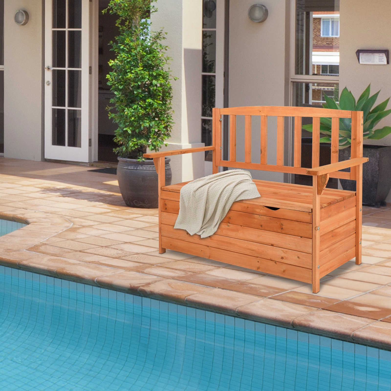112x58x84cm Cedar Outdoor Storage Box Bench with Backrest & Armrest, Waterproof Yard Seat in Bright Orange/Red view 3