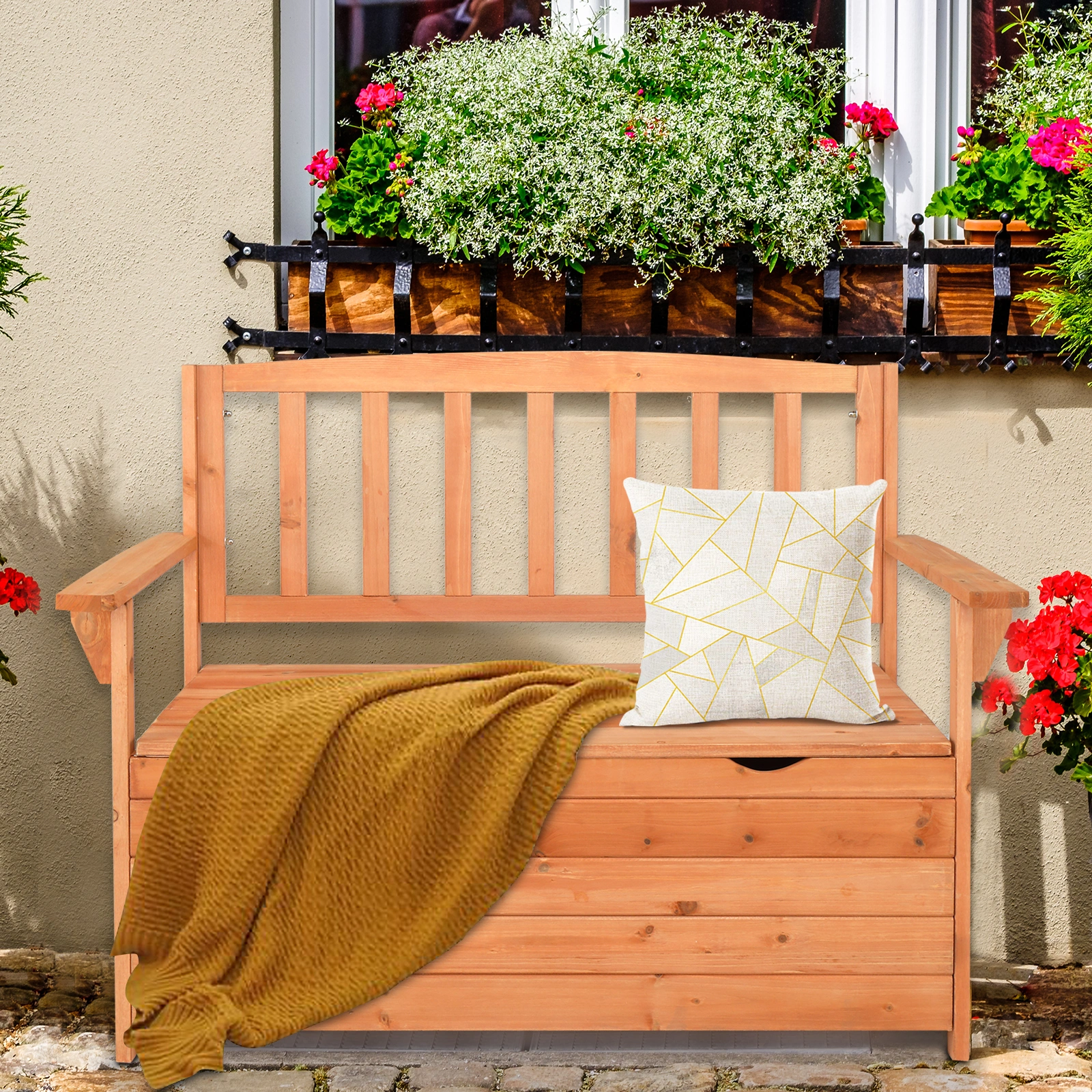 112x58x84cm Cedar Outdoor Storage Box Bench with Backrest & Armrest, Waterproof Yard Seat in Bright Orange/Red view 4