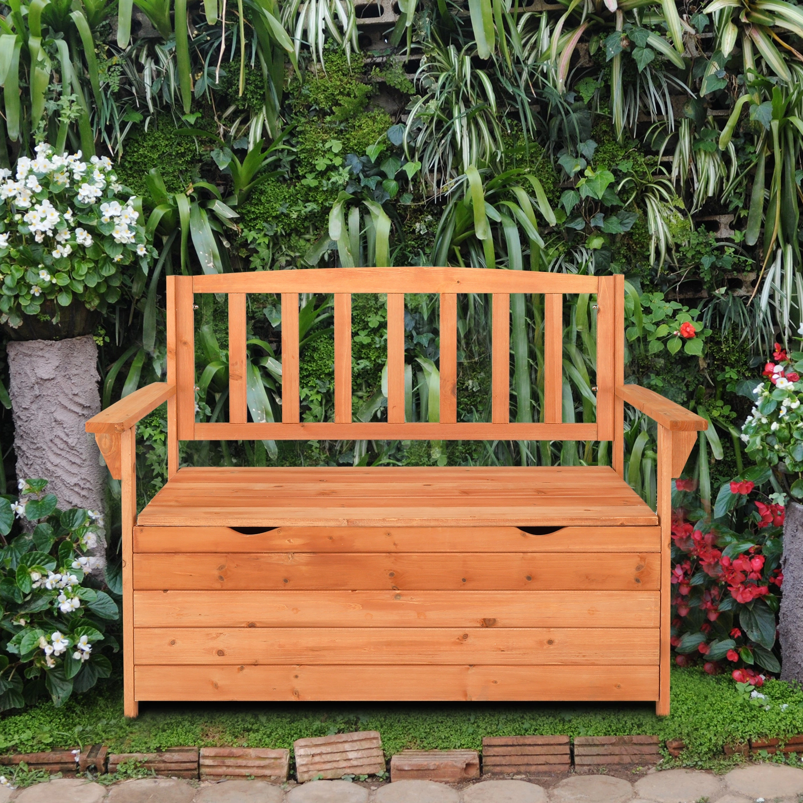 112x58x84cm Cedar Outdoor Storage Box Bench with Backrest & Armrest, Waterproof Yard Seat in Bright Orange/Red view 6