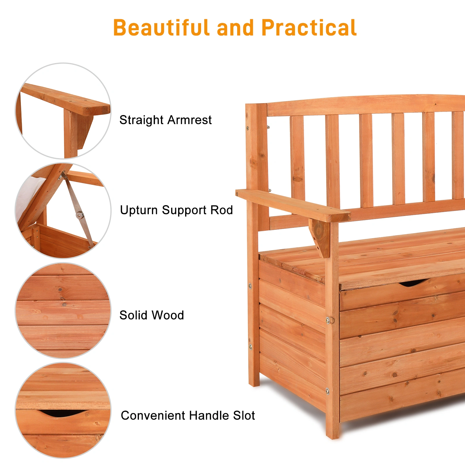 112x58x84cm Cedar Outdoor Storage Box Bench with Backrest & Armrest, Waterproof Yard Seat in Bright Orange/Red view 7