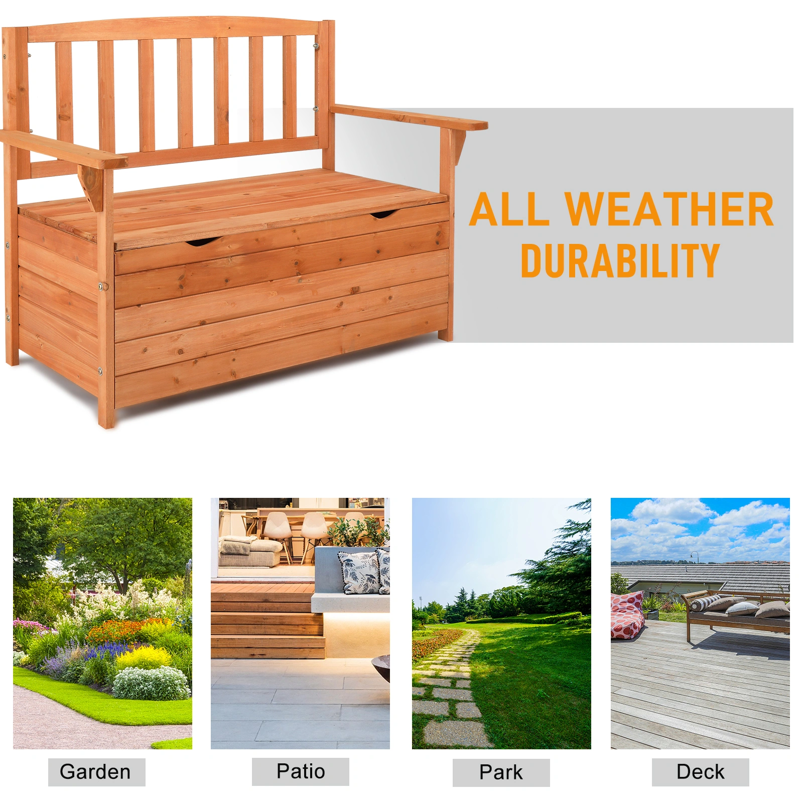 112x58x84cm Cedar Outdoor Storage Box Bench with Backrest & Armrest, Waterproof Yard Seat in Bright Orange/Red view 8