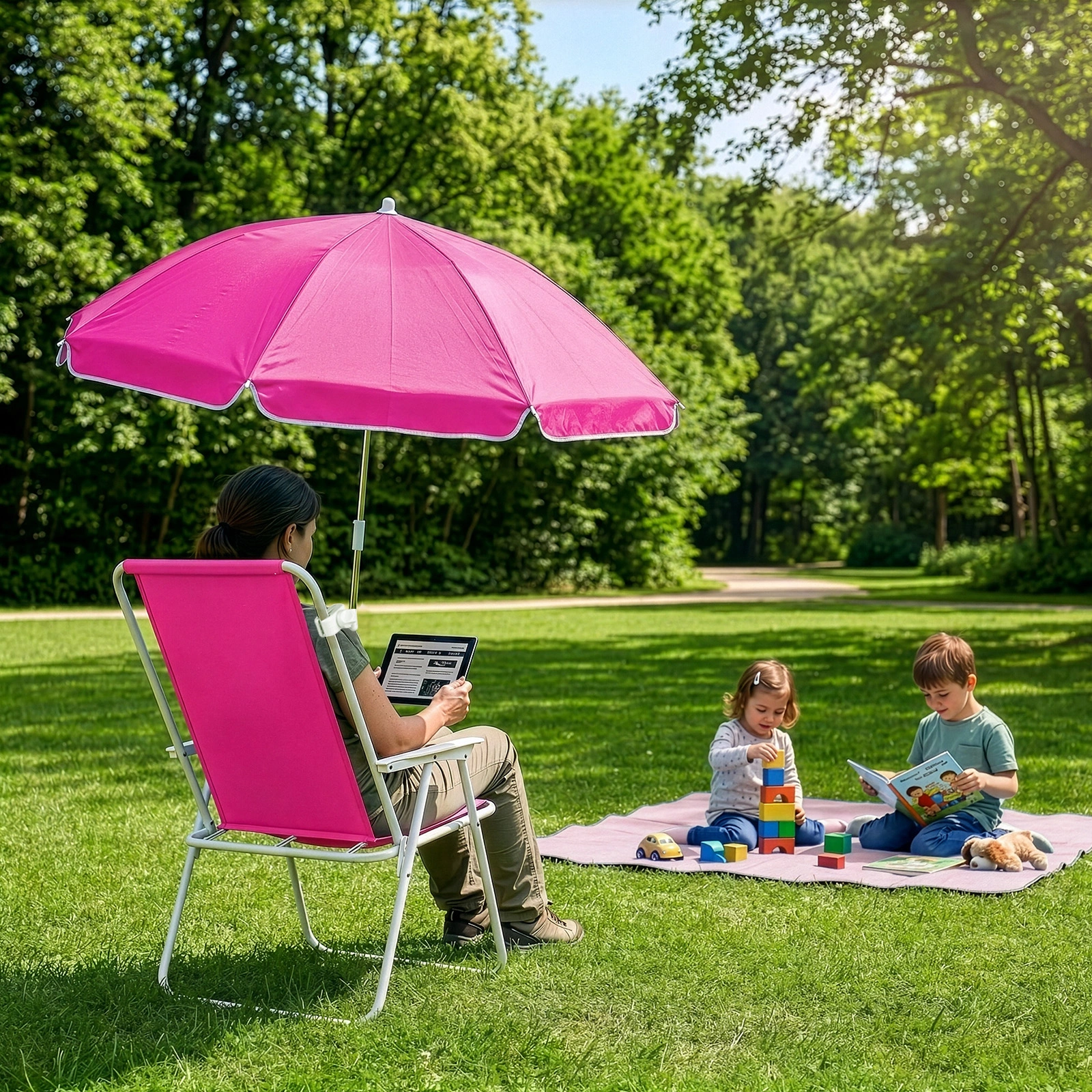 1 Pack Folding Beach Chair with Umbrella, XL Size, 15" Seat Height, Barbie Pink, Steel Spring Chair with Cross Bar, Oxford Cloth, 120kg Capacity view 10