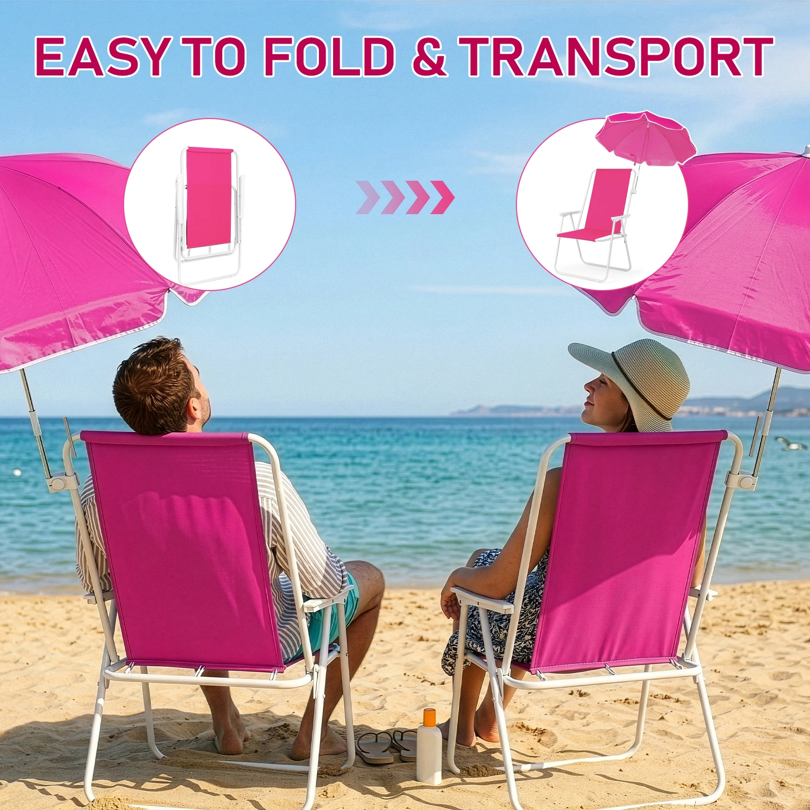 1 Pack Folding Beach Chair with Umbrella, XL Size, 15" Seat Height, Barbie Pink, Steel Spring Chair with Cross Bar, Oxford Cloth, 120kg Capacity view 11