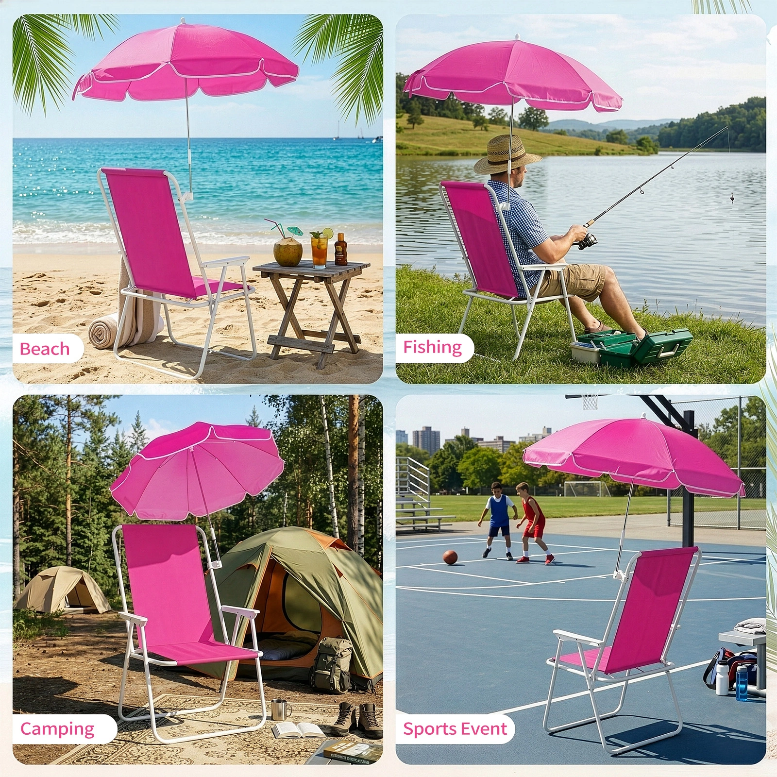 1 Pack Folding Beach Chair with Umbrella, XL Size, 15" Seat Height, Barbie Pink, Steel Spring Chair with Cross Bar, Oxford Cloth, 120kg Capacity view 12