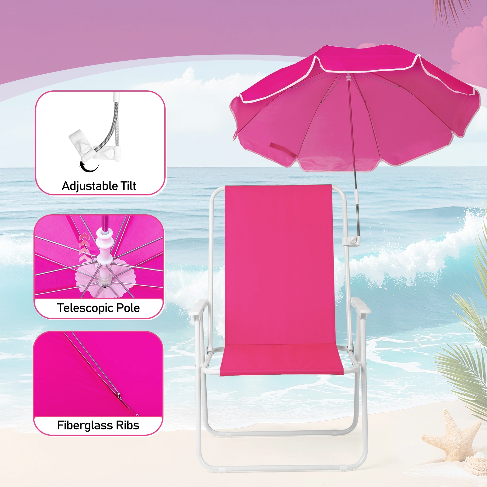 1 Pack Folding Beach Chair with Umbrella, XL Size, 15" Seat Height, Barbie Pink, Steel Spring Chair with Cross Bar, Oxford Cloth, 120kg Capacity view 13