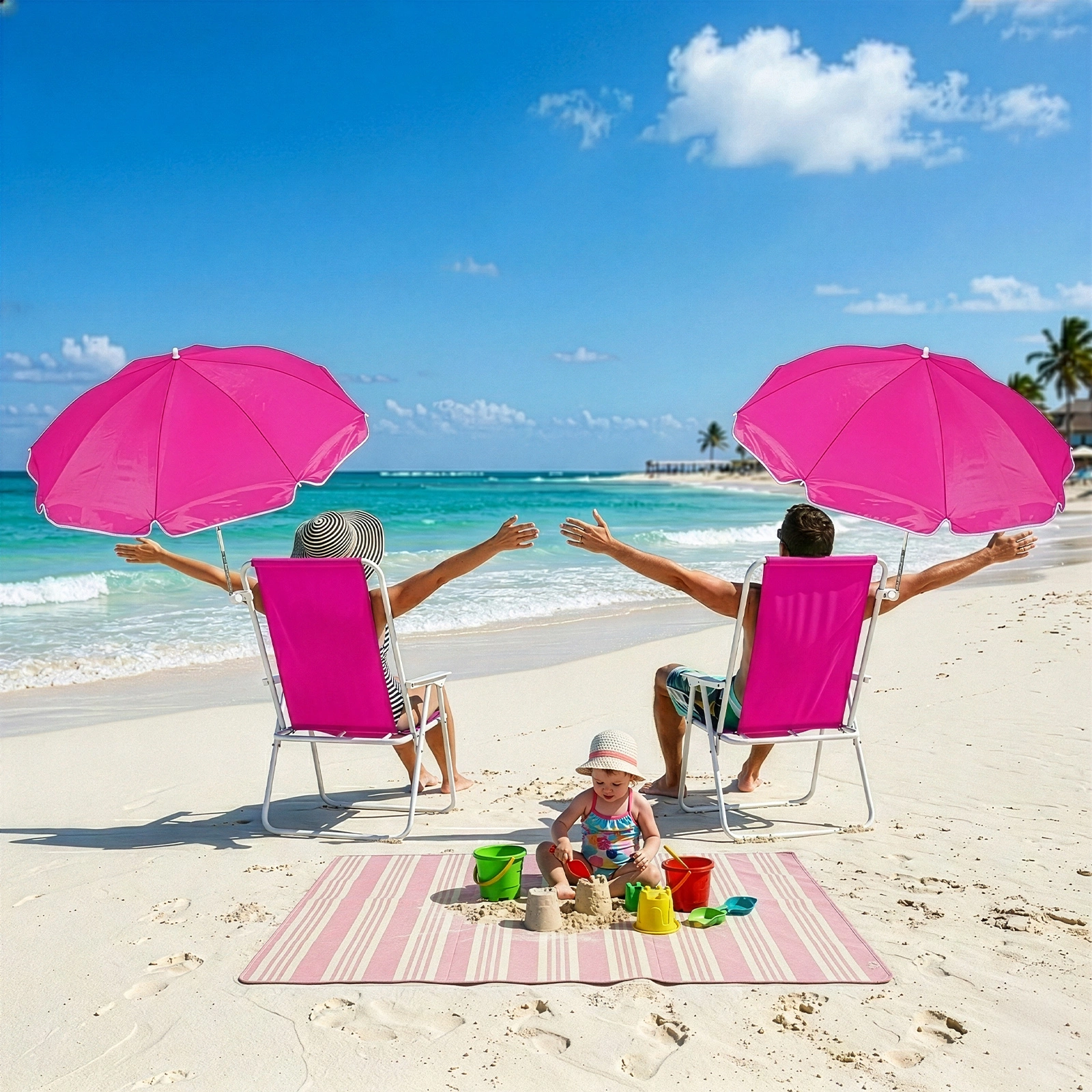 1 Pack Folding Beach Chair with Umbrella, XL Size, 15" Seat Height, Barbie Pink, Steel Spring Chair with Cross Bar, Oxford Cloth, 120kg Capacity view 15