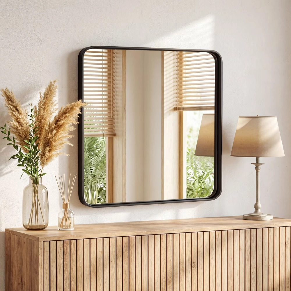 36" x 36" Anti-Fog Bathroom Wall Mirror, Shatterproof Rectangular Metal Frame, Black