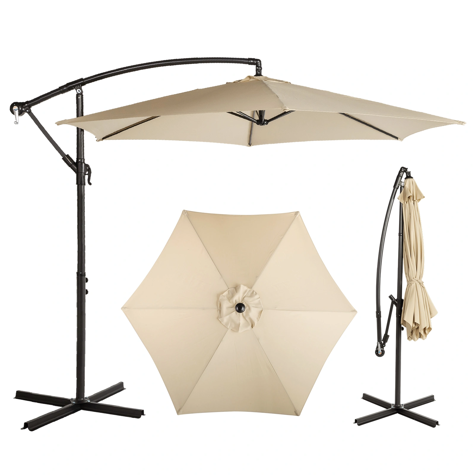 10FT Round Offset Patio Umbrella Banana Cantilever with 60 Adjustable Angle Crank Cross Base UPF 50+ Waterproof Polyester Canopy 6 Iron Ribs Khaki