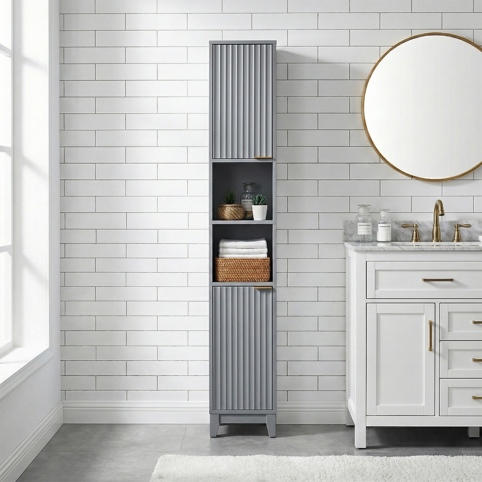 Modern Gray Bathroom Vanity Cabinet 30x28x170cm, Melamine Veneer & MDF, 2 Doors 2 Shelves, Freestanding Storage Console view 10