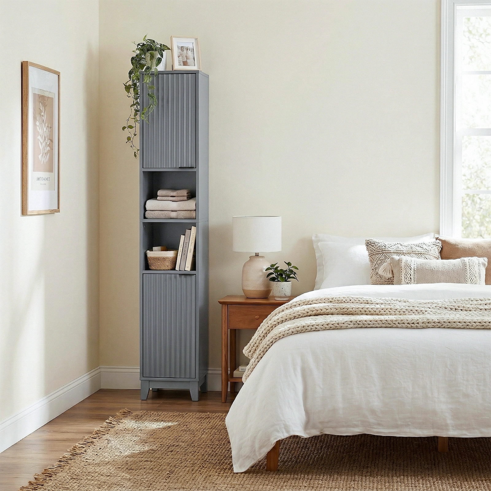 Modern Gray Bathroom Vanity Cabinet 30x28x170cm, Melamine Veneer & MDF, 2 Doors 2 Shelves, Freestanding Storage Console view 11