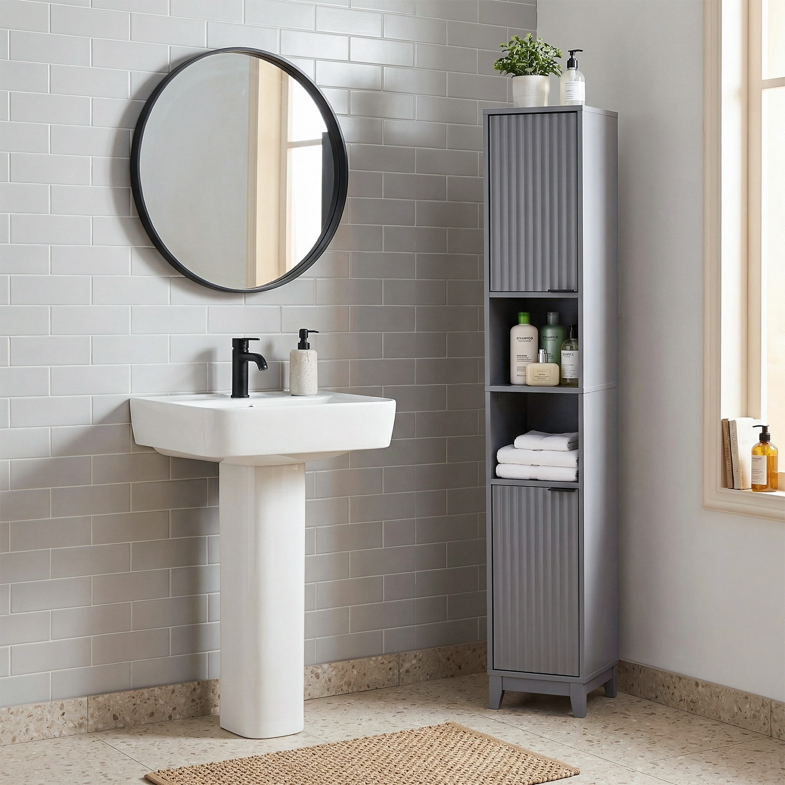 Modern Gray Bathroom Vanity Cabinet 30x28x170cm, Melamine Veneer & MDF, 2 Doors 2 Shelves, Freestanding Storage Console view 2