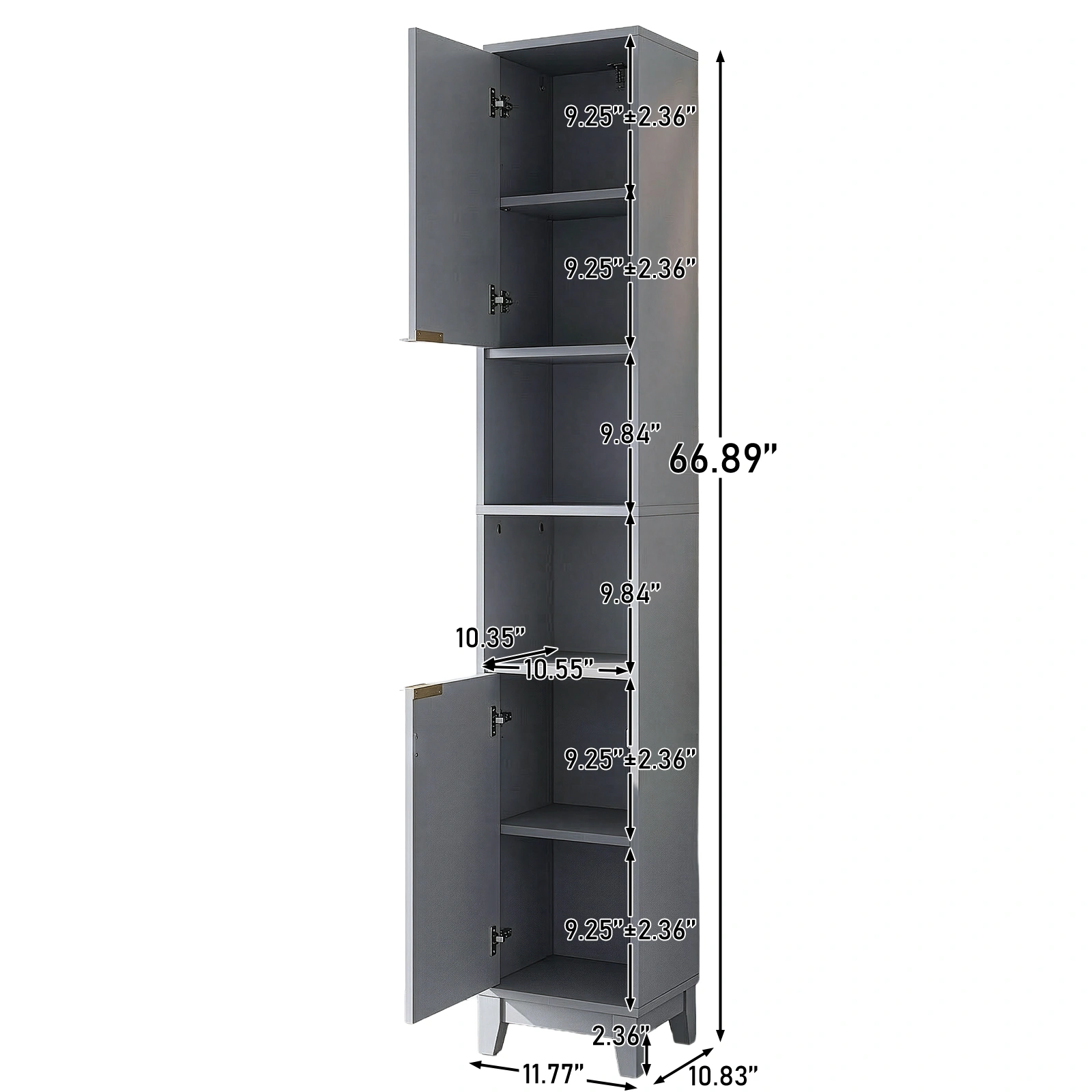 Modern Gray Bathroom Vanity Cabinet 30x28x170cm, Melamine Veneer & MDF, 2 Doors 2 Shelves, Freestanding Storage Console view 3