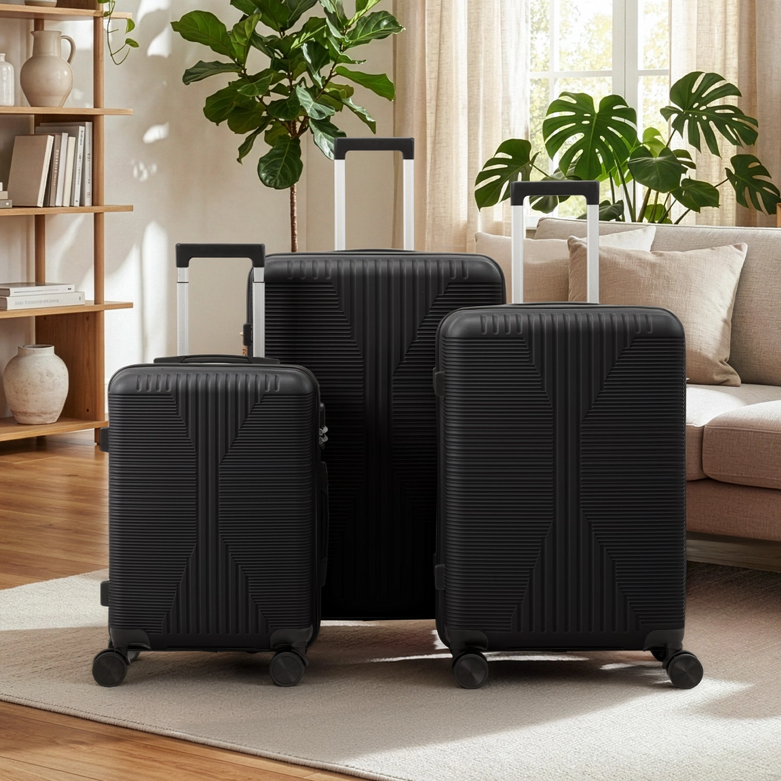 3PCS PP Trolley Suitcase Set, 20in 24in 28in, Black Travel Luggage Cases with Spinner Wheels