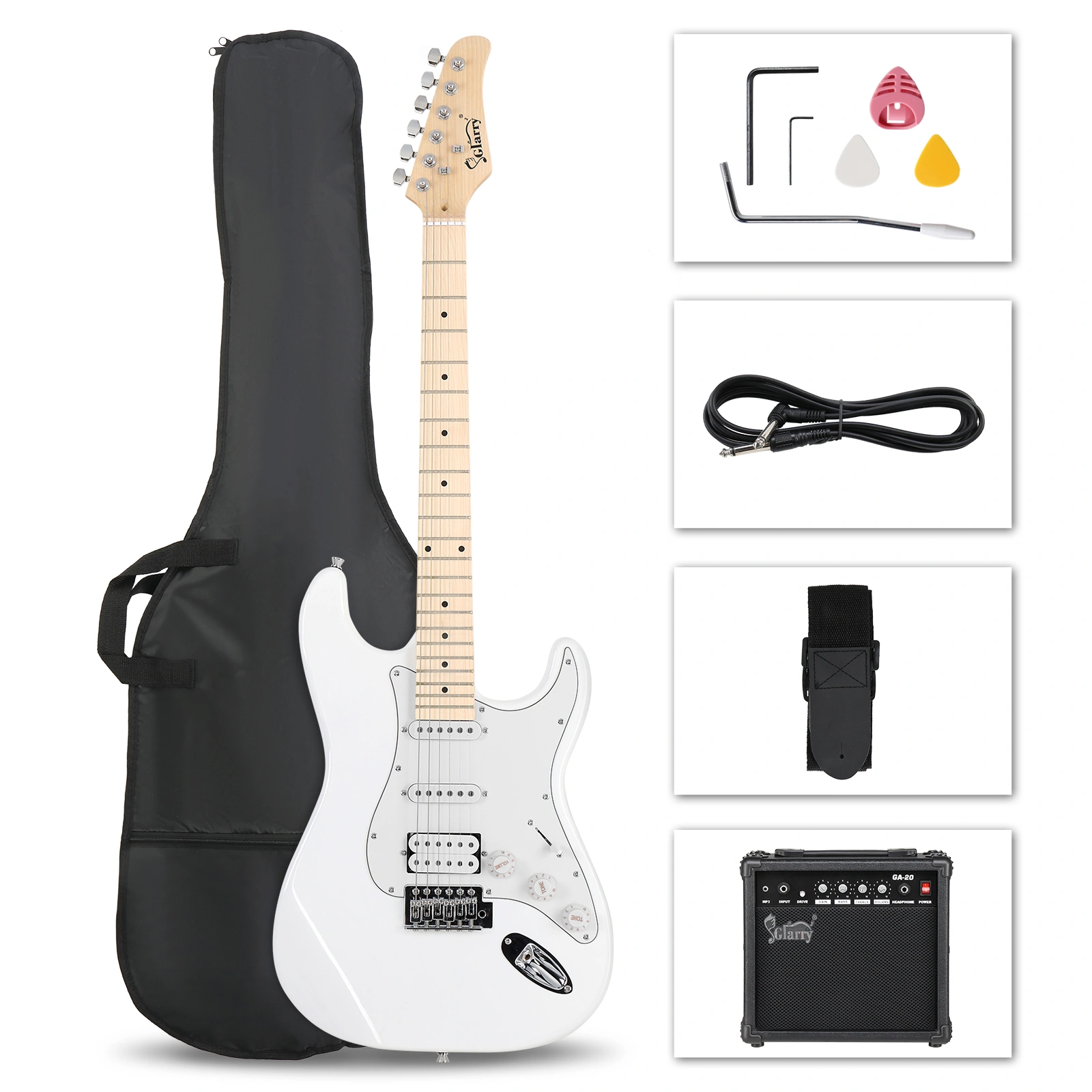 H-S-S Pickup Electric Guitar Kit, White Finish, Includes 20W Amp, Carry Bag & Guitar Strap, GST Style