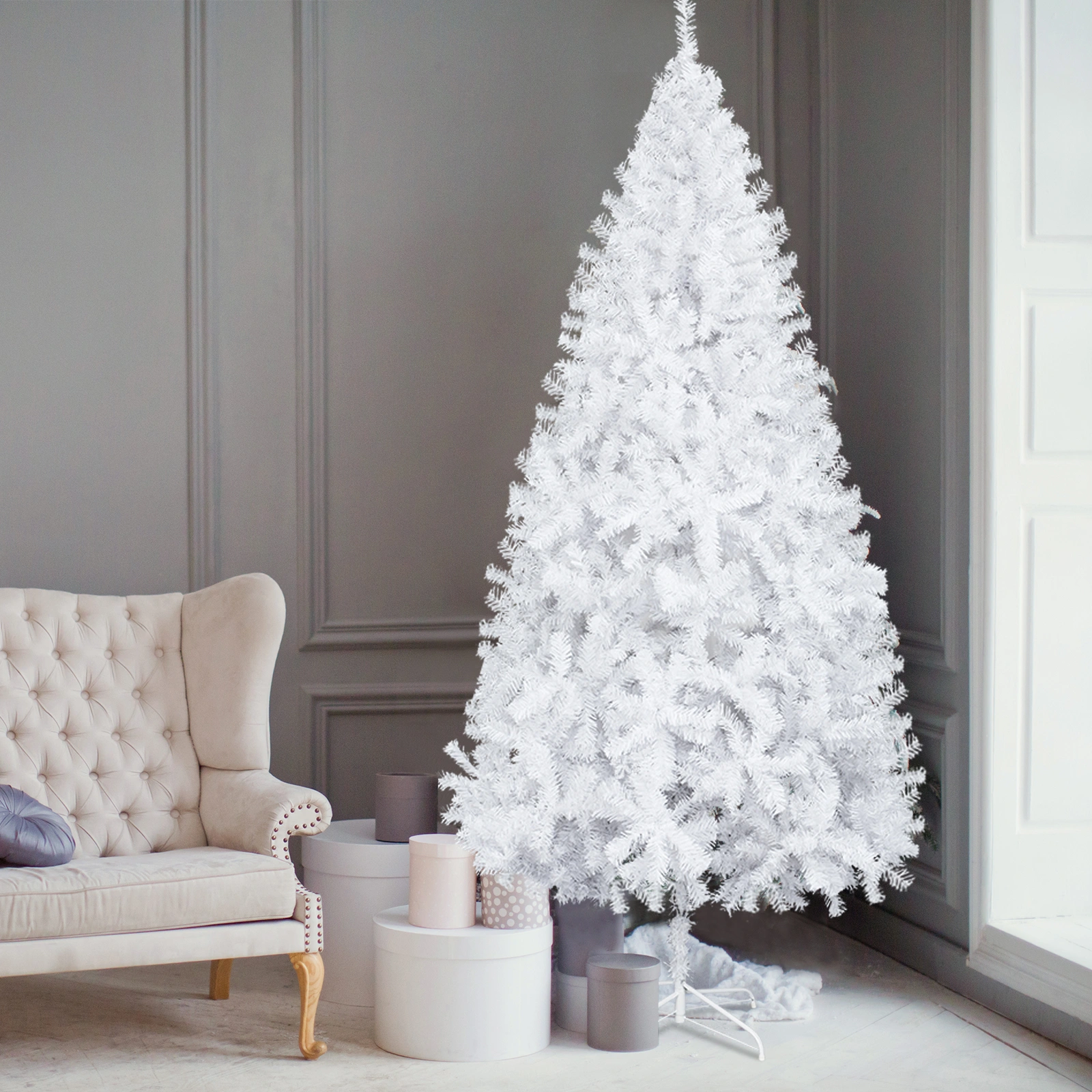 6FT White Christmas Tree with Iron Legs, 400 Branch Tips, Full Body Pre-Lit Holiday Xmas Tree for Home & Office Decor view 5