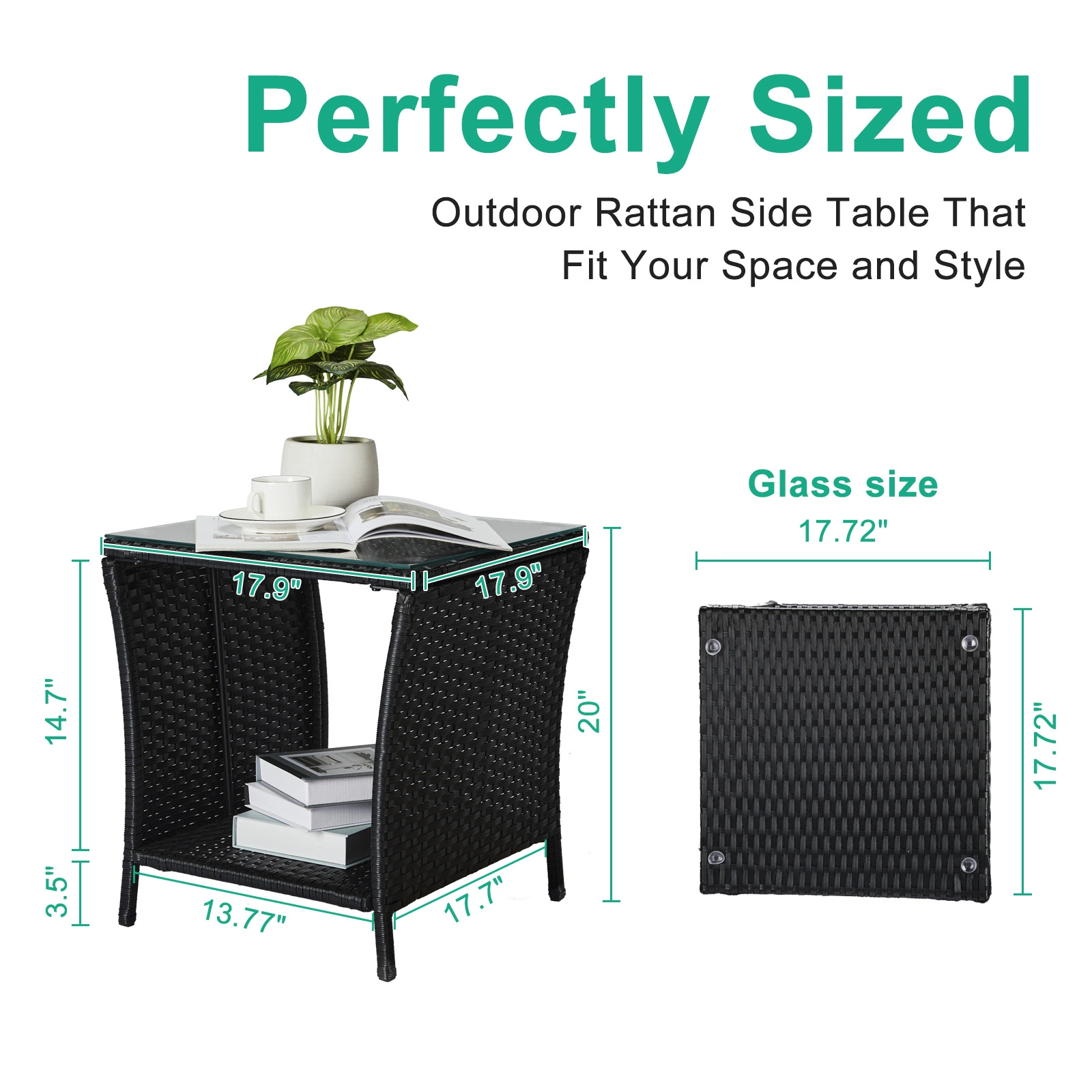 Outdoor Wicker Side Table Square Glass Top Storage Shelf Bistro Patio Coffee Table Black
