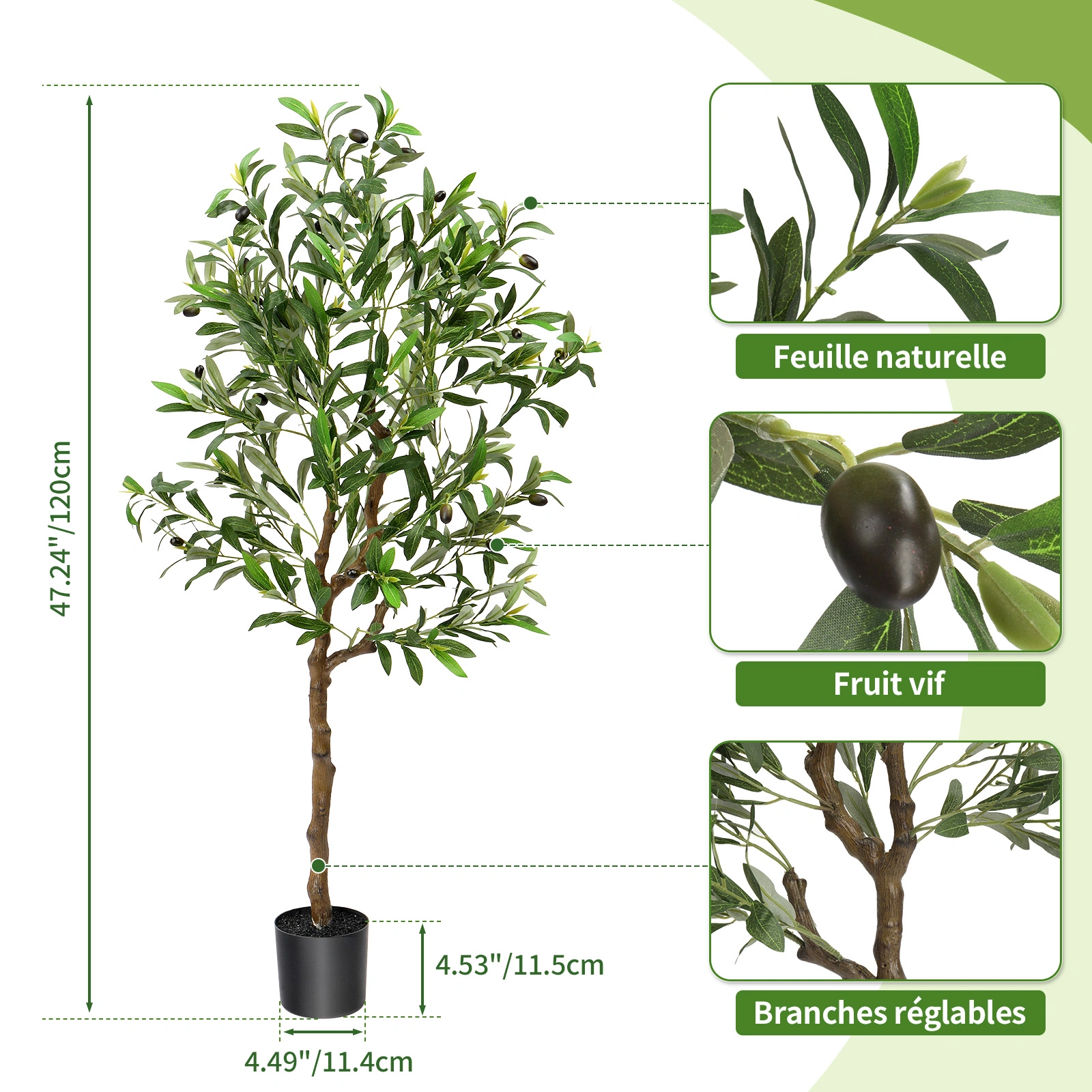 120cm Artificial Olive Tree with Silk Leaves, 550 Leaves & 22 Fruits, PVC Decorative Olive Tree for Home Garden view 2