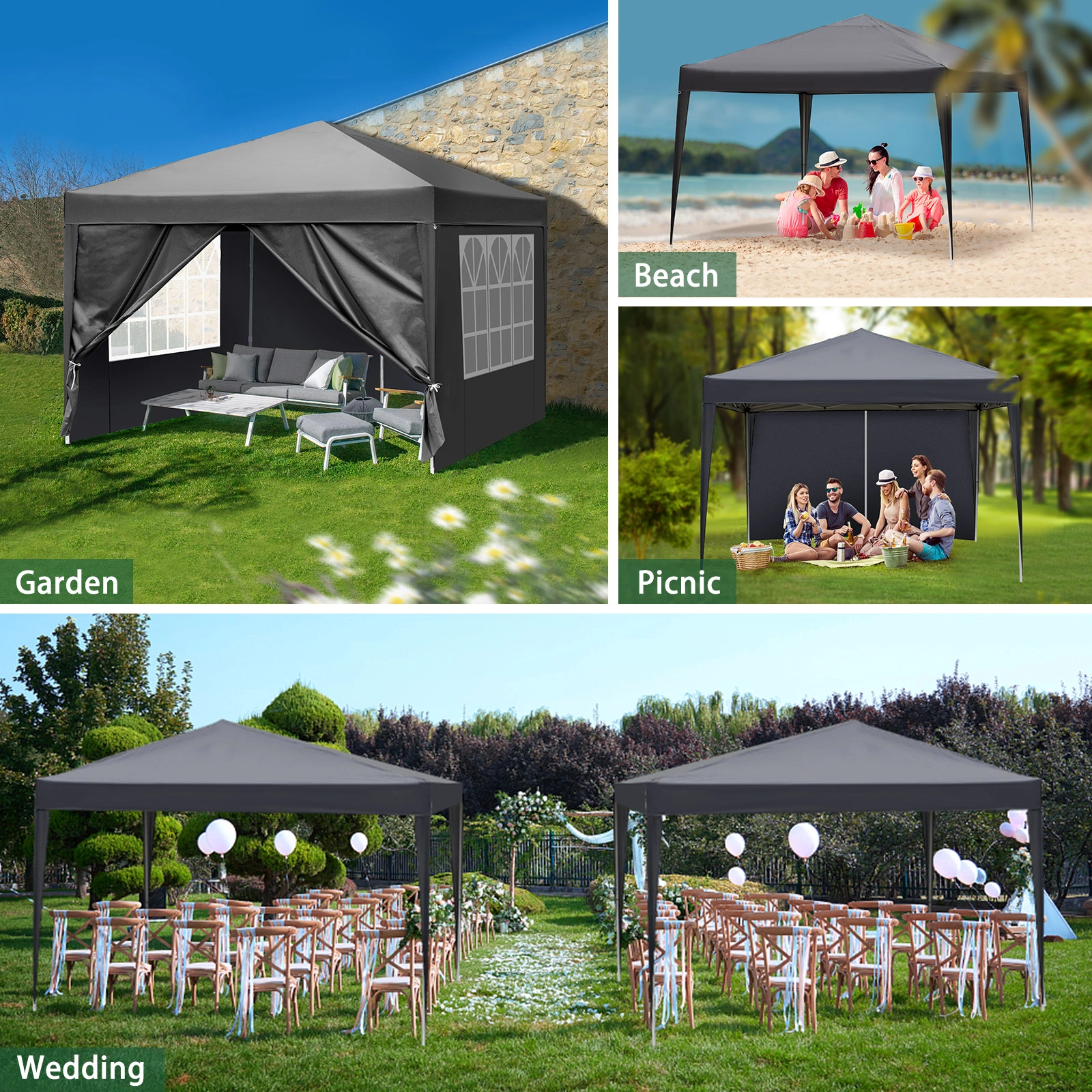 10x10ft Pop Up Canopy Tent with 4 Sidewalls, Instant Outdoor Canopy for Parties Weddings Events, Dark Grey view 27