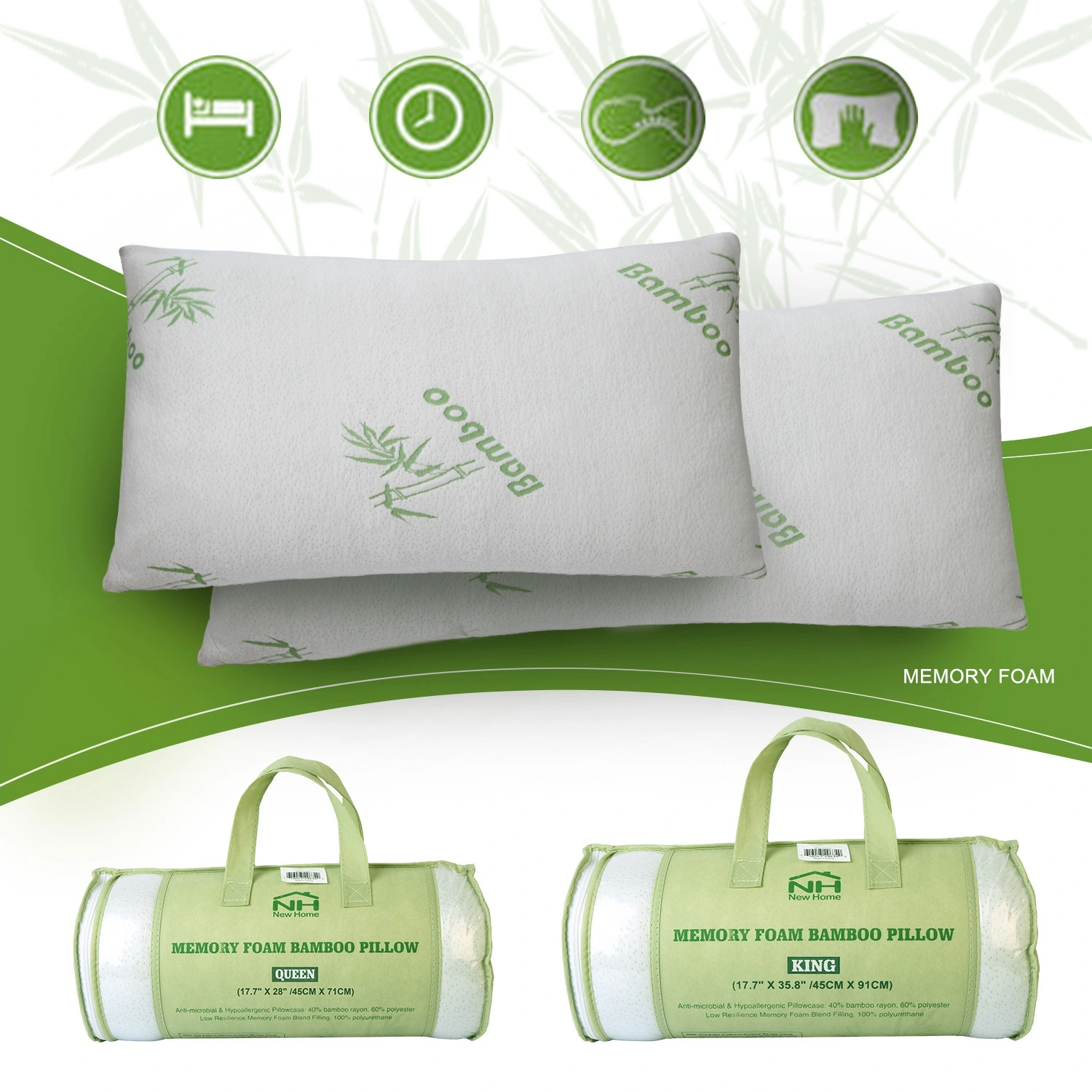 2Pcs Queen Bamboo Memory Foam Pillow Hypoallergenic Shredded Neck Head Rest Bed Pillow with Washable Cover