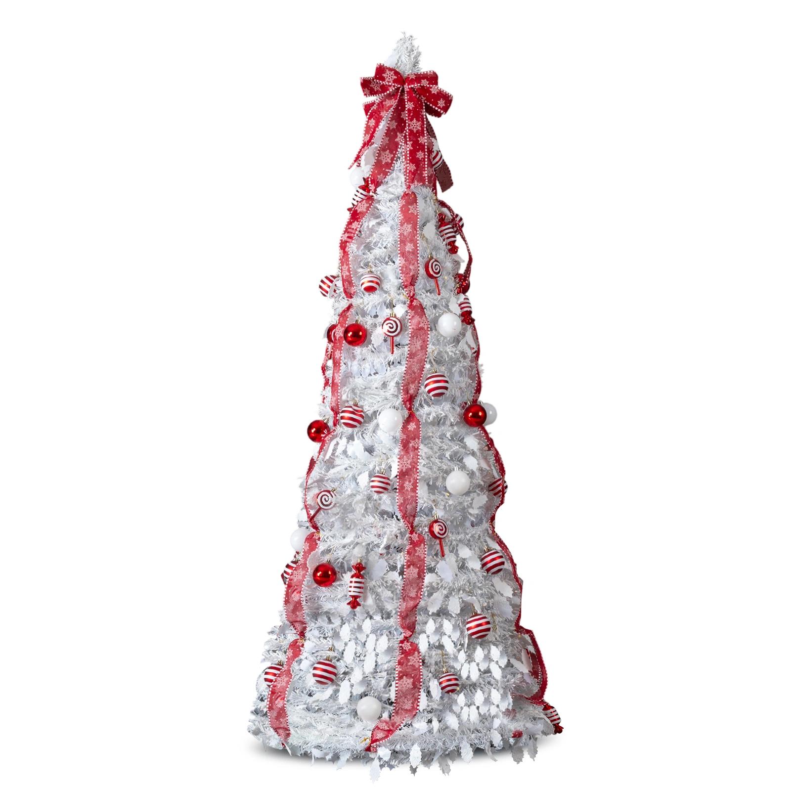 6FT Pre-Lit Artificial Christmas Tree | 100 Warm Lights & Red Ornaments | Pop-Up White Xmas Tree Full Decor
