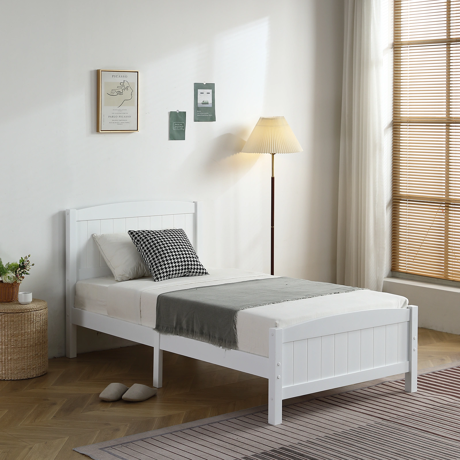 FCH Twin Pine Curved Bed Frame with Vertical Stripe Pattern, White Wooden Headboard and Footboard, Single-Layer Construction