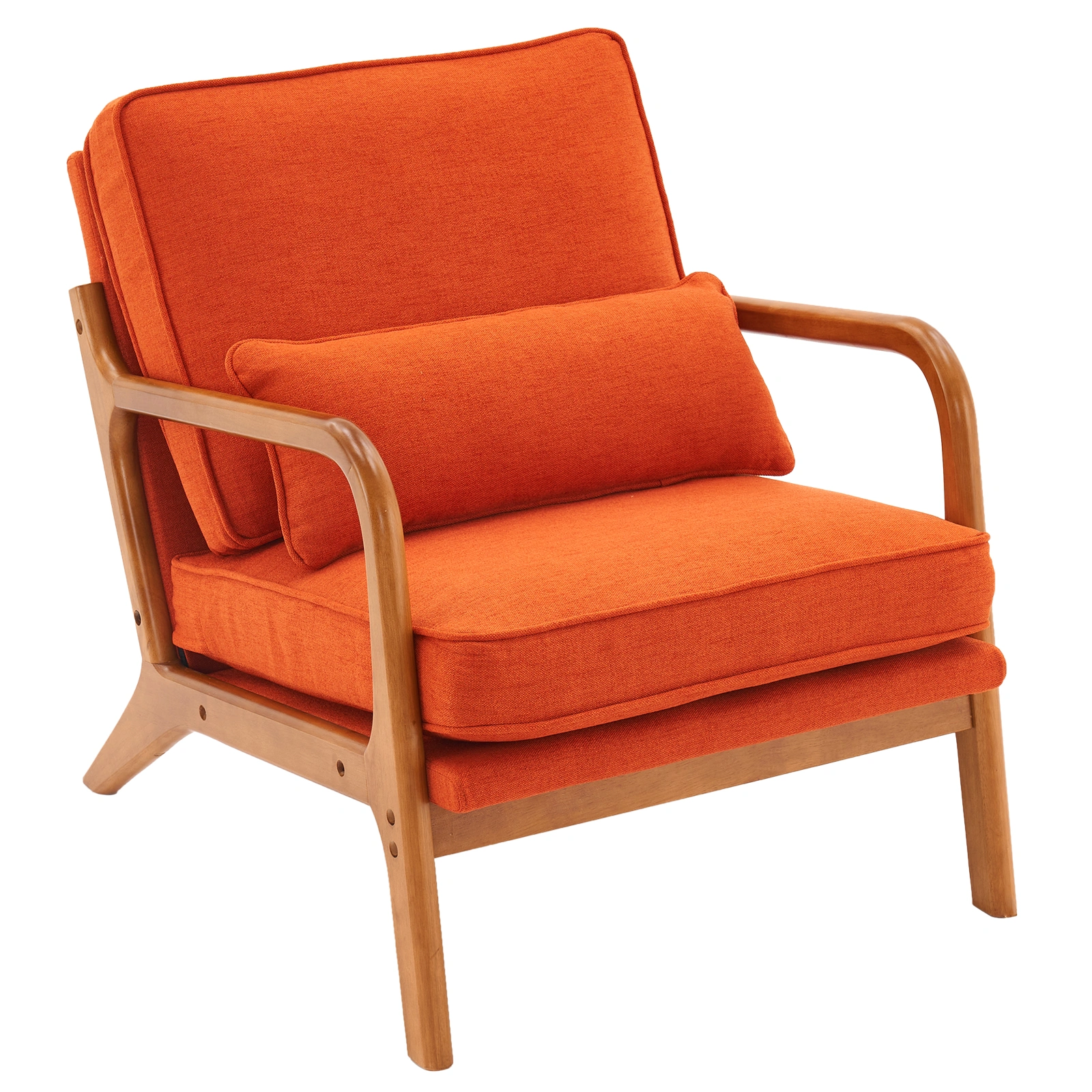 Solid Oak Armrest Accent Chair, Upholstered Single Lounge Chair, Burnt Orange Indoor Leisure Seat
