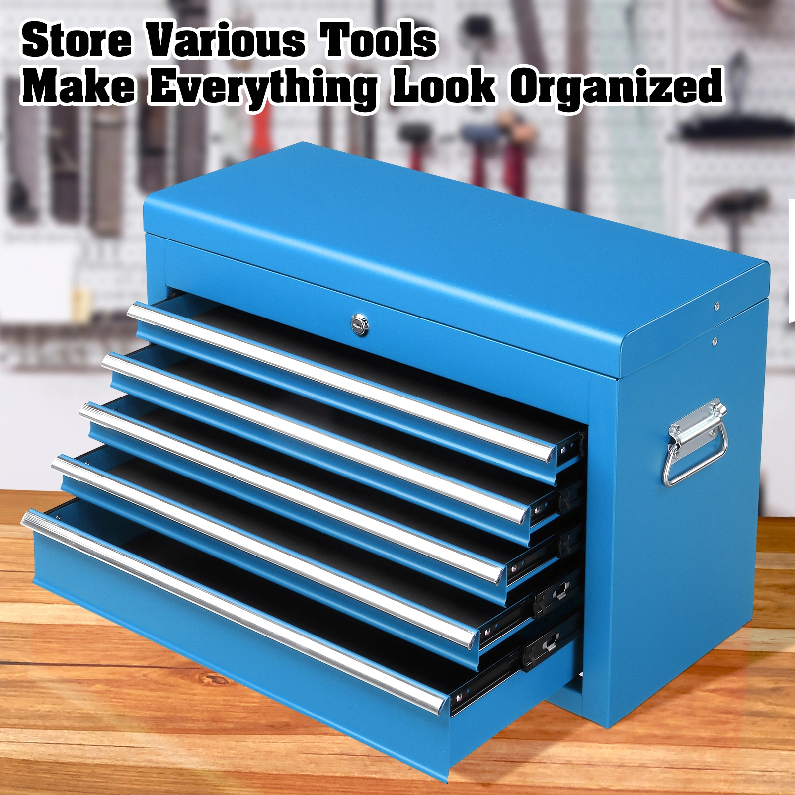5-Drawer Lockable Steel Tool Chest 330 lbs Blue Heavy-Duty Workshop Garage Storage Cabinet w/ Drawer Liners & Lid Support