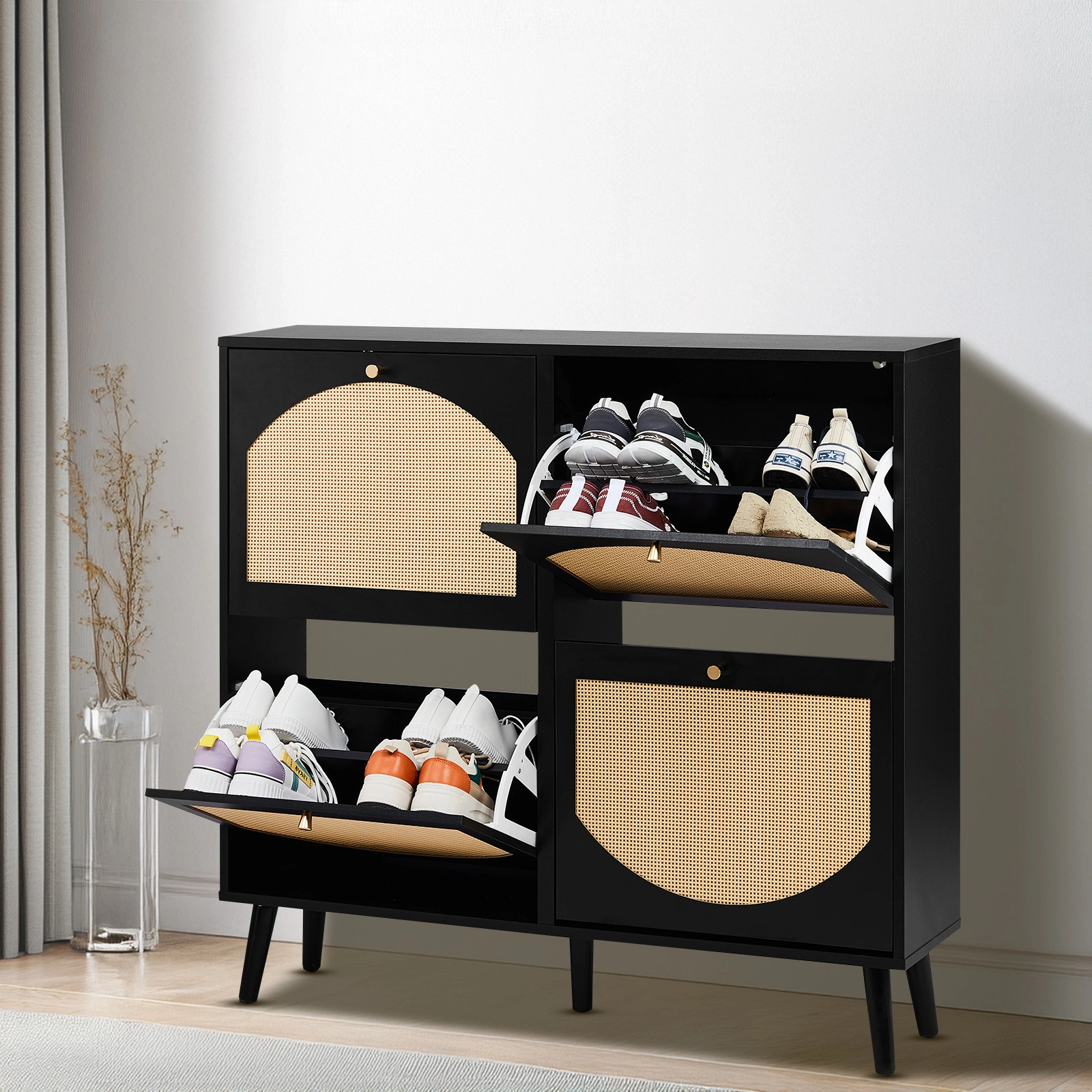 Black Frame Shoe Cabinet 105x24x98cm 2-Row 4-Bucket Rattan Style High-Leg Storage Organizer