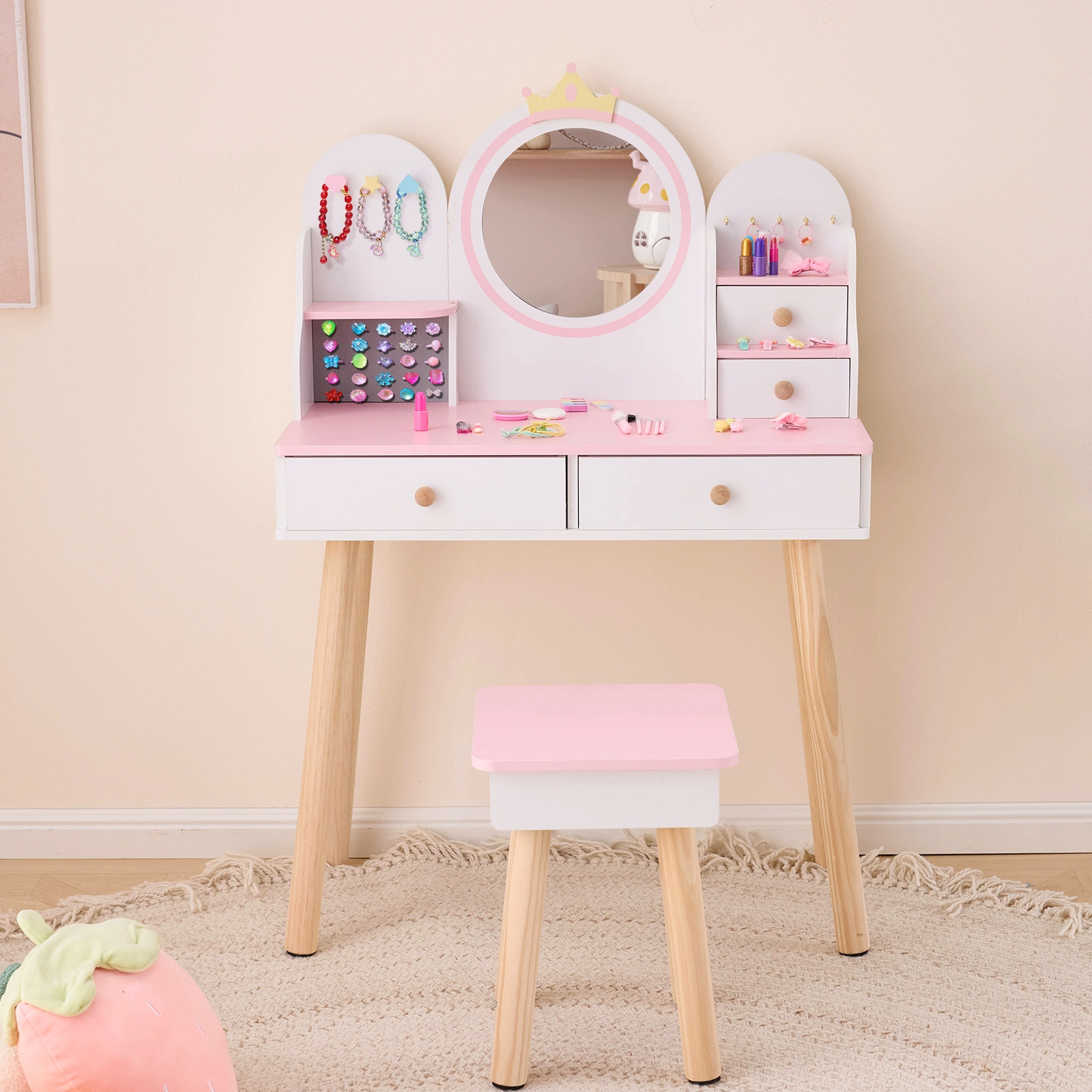 Kids Dressing Table Set with Mirror, 4-Drawer Vanity for Girls, White & Pink, MDF & Solid Wood Legs, Melamine Finish