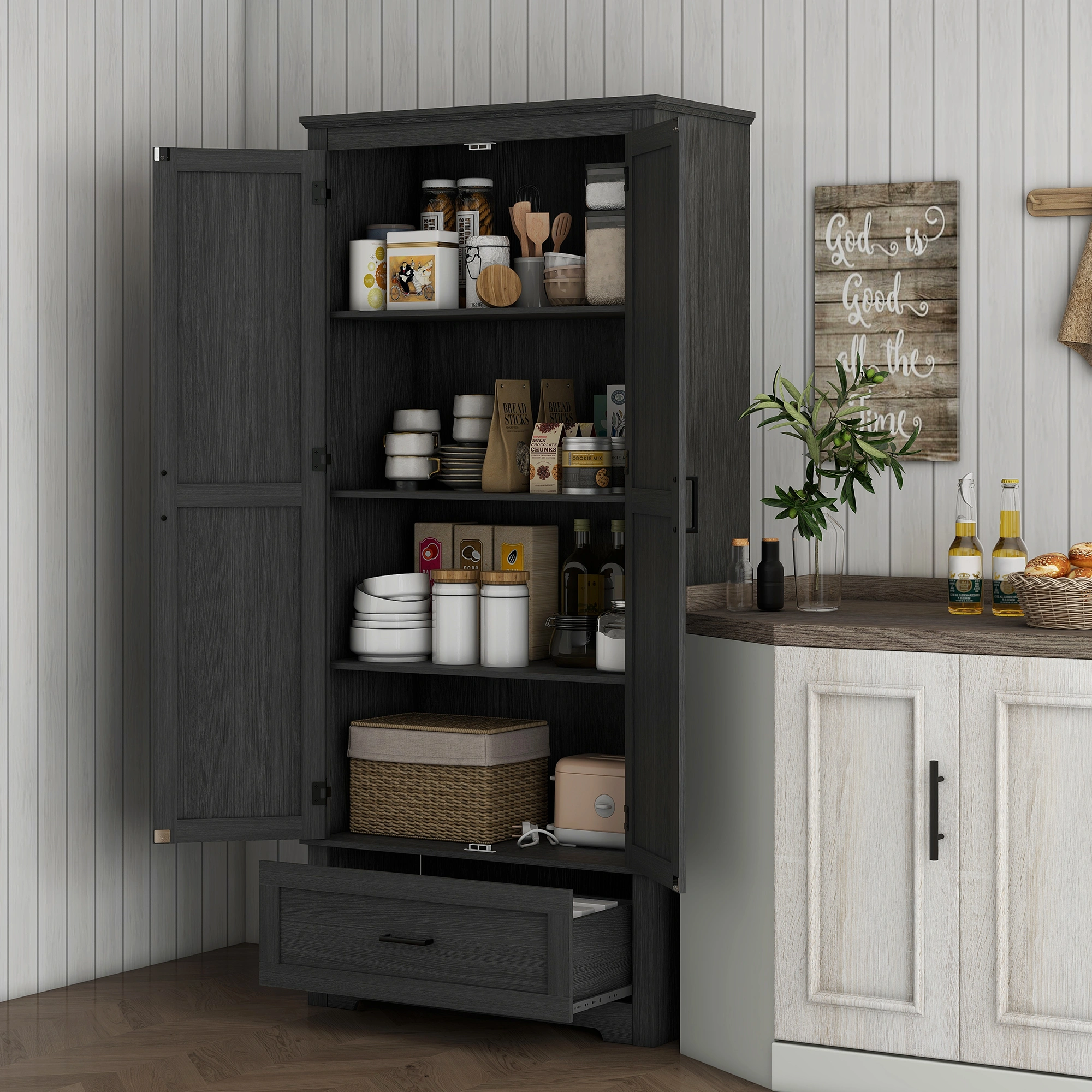Kitchen Storage Cabinet with Shelves, Doors & Drawers, Freestanding Sideboard