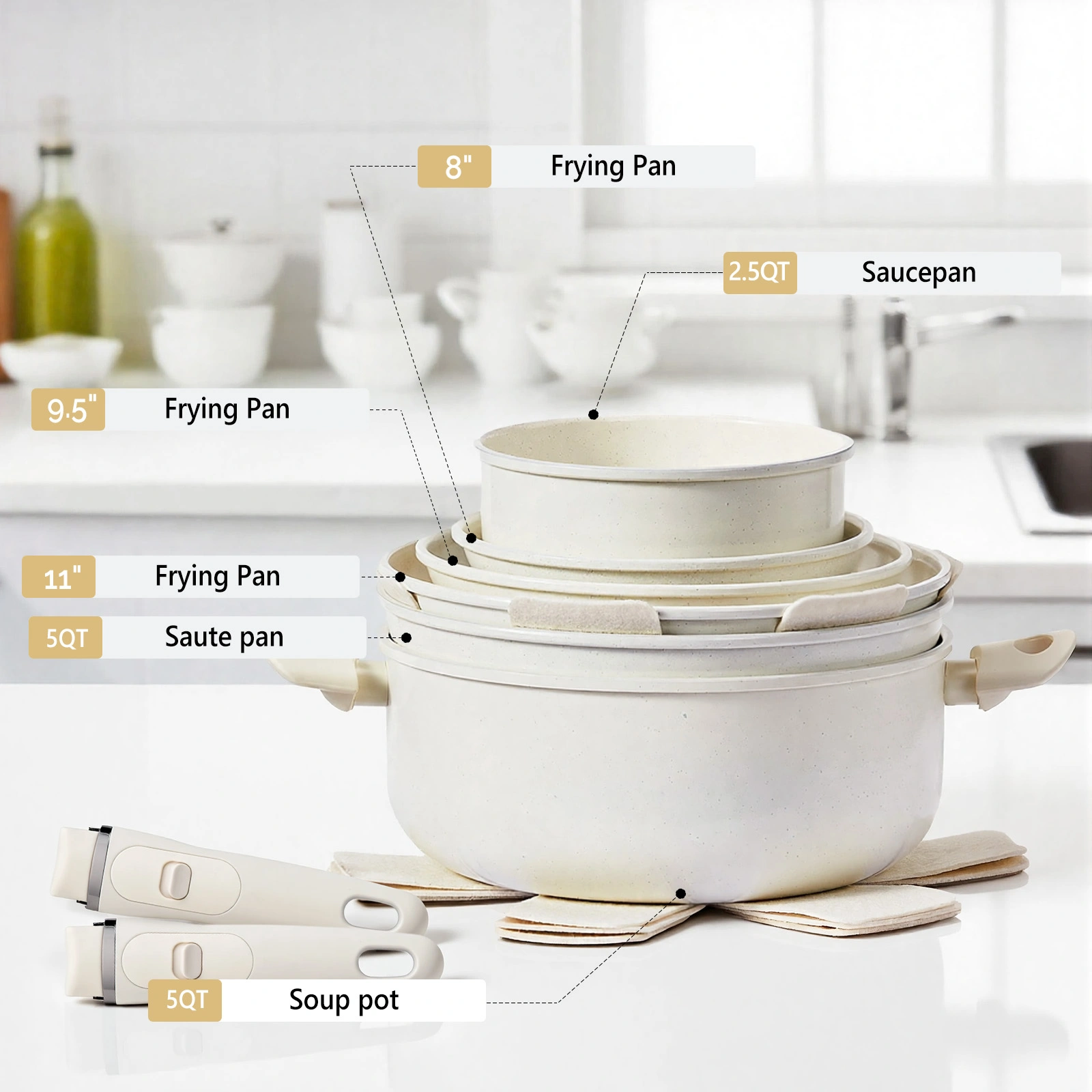 22-Piece Non-Stick Cookware Set Cream White Aluminum 6 Pots 3 Lids Removable Handles Oven Dishwasher Safe 28cm Soup Pot