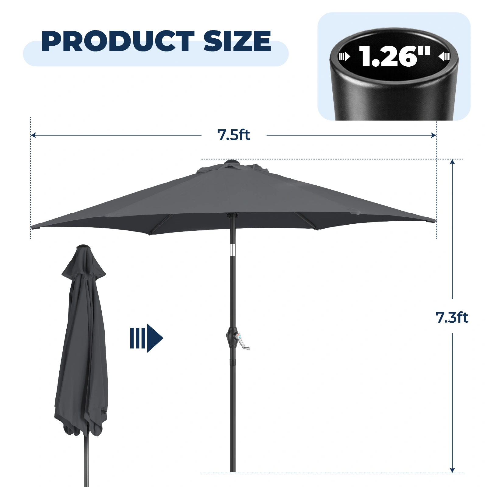 5FT Round Outdoor Patio Umbrella, Tilt & Crank Lift, 6 Iron Ribs & Iron Pole, Waterproof UV Polyester Canopy, Gray view 14