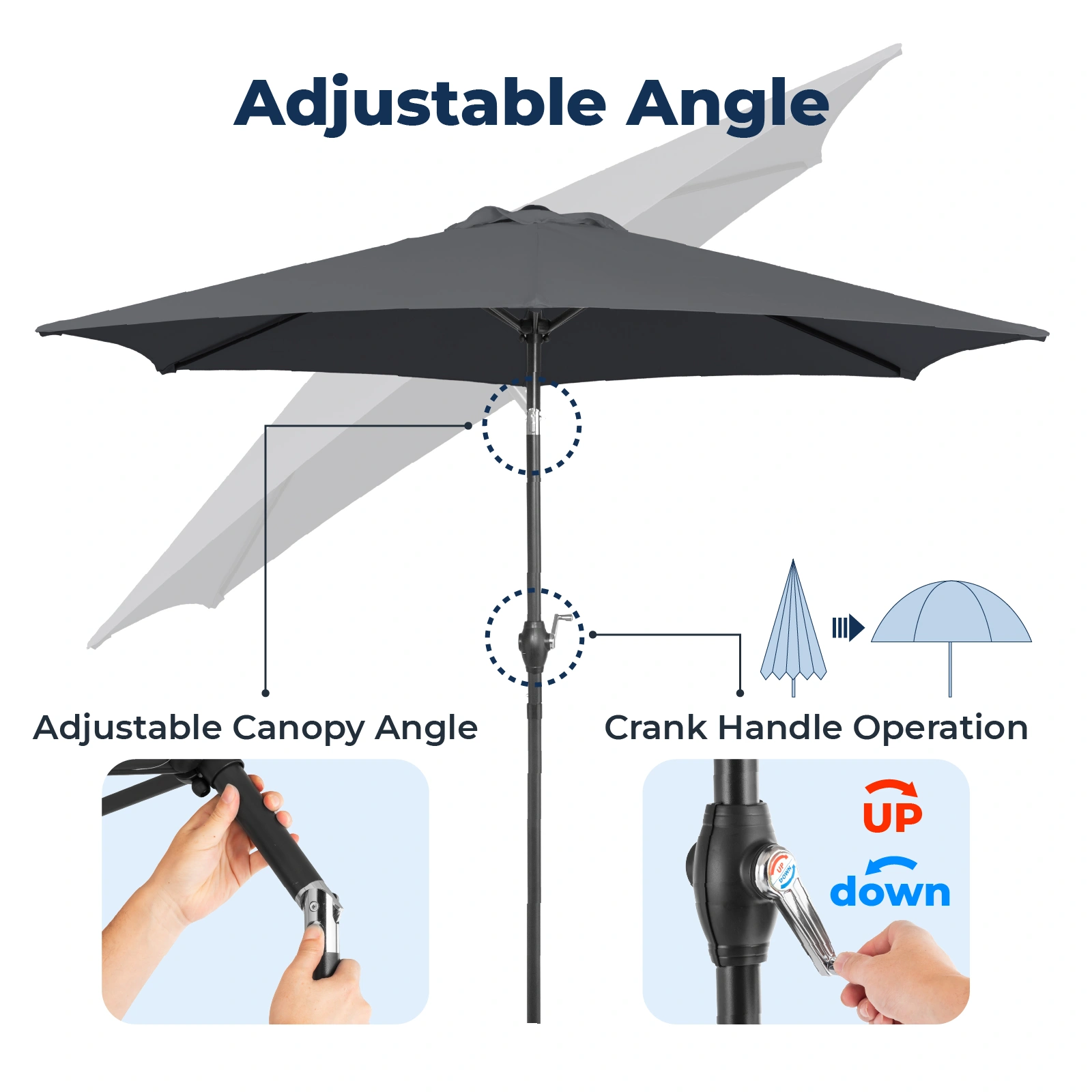 5FT Round Outdoor Patio Umbrella, Tilt & Crank Lift, 6 Iron Ribs & Iron Pole, Waterproof UV Polyester Canopy, Gray view 15