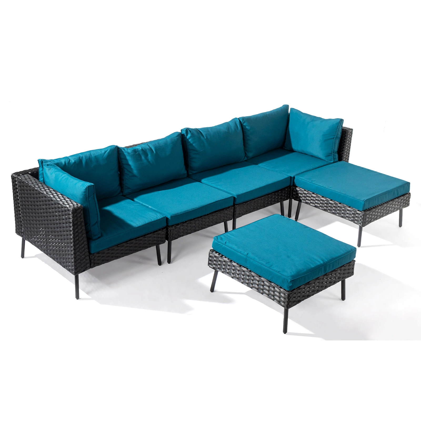 6 Piece Woven Rattan Sofa Set, 2 Armless + 2 Corner + 2 Footstool, Black Rattan Frame Iron Legs, Peacock Green Cushions