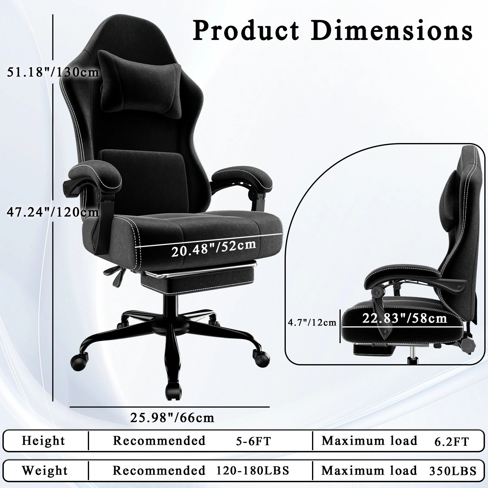 Ergonomic Gaming Chair with Massage Lumbar Support & Footrest, Height Adjustable Fabric Computer Chair, Pocket Spring Cushion Video Game Chair view 3