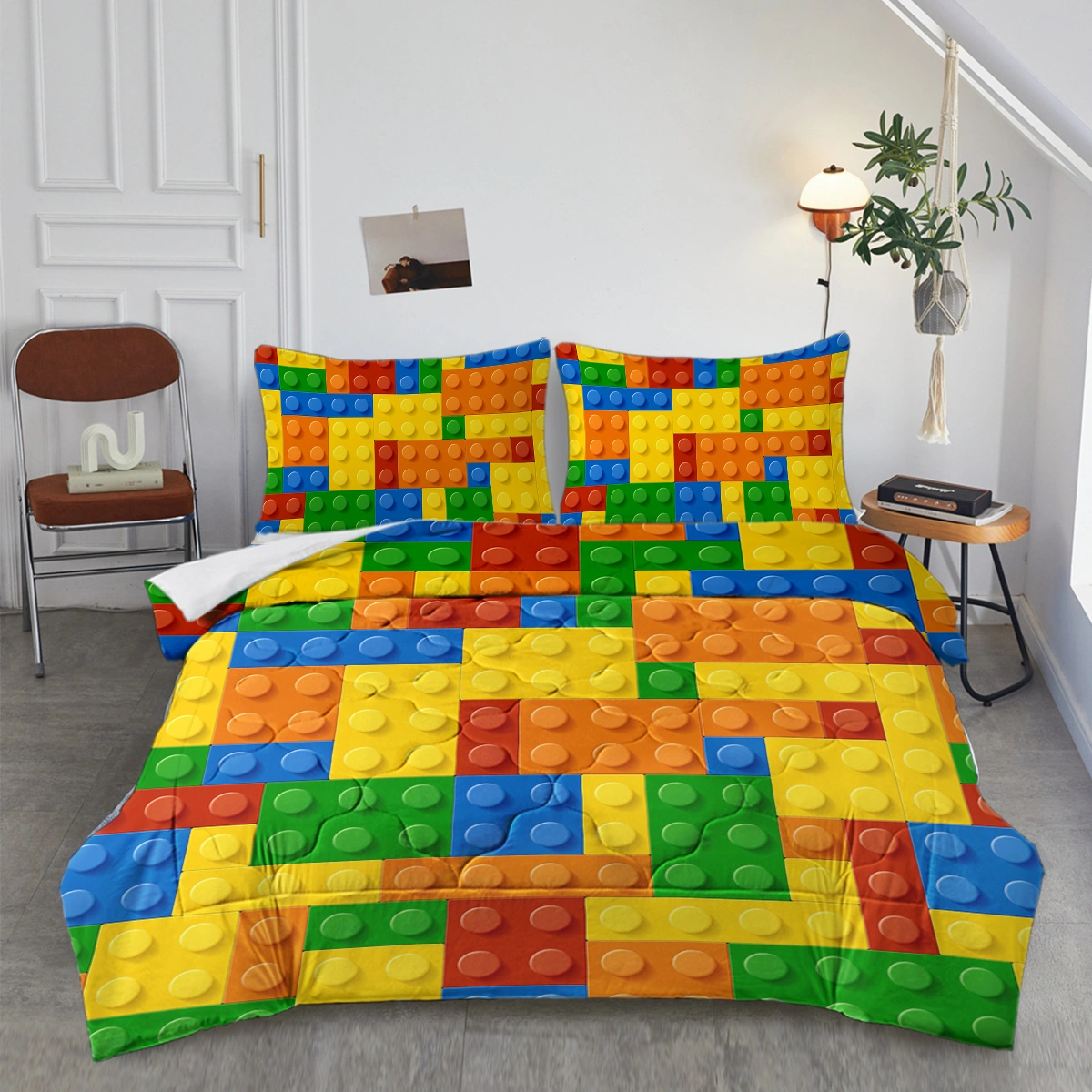 3pcs Colorful Dot Building Blocks Comforter Set Full Size Thin Quilt Duvet Cover Bedding Summer Game Theme