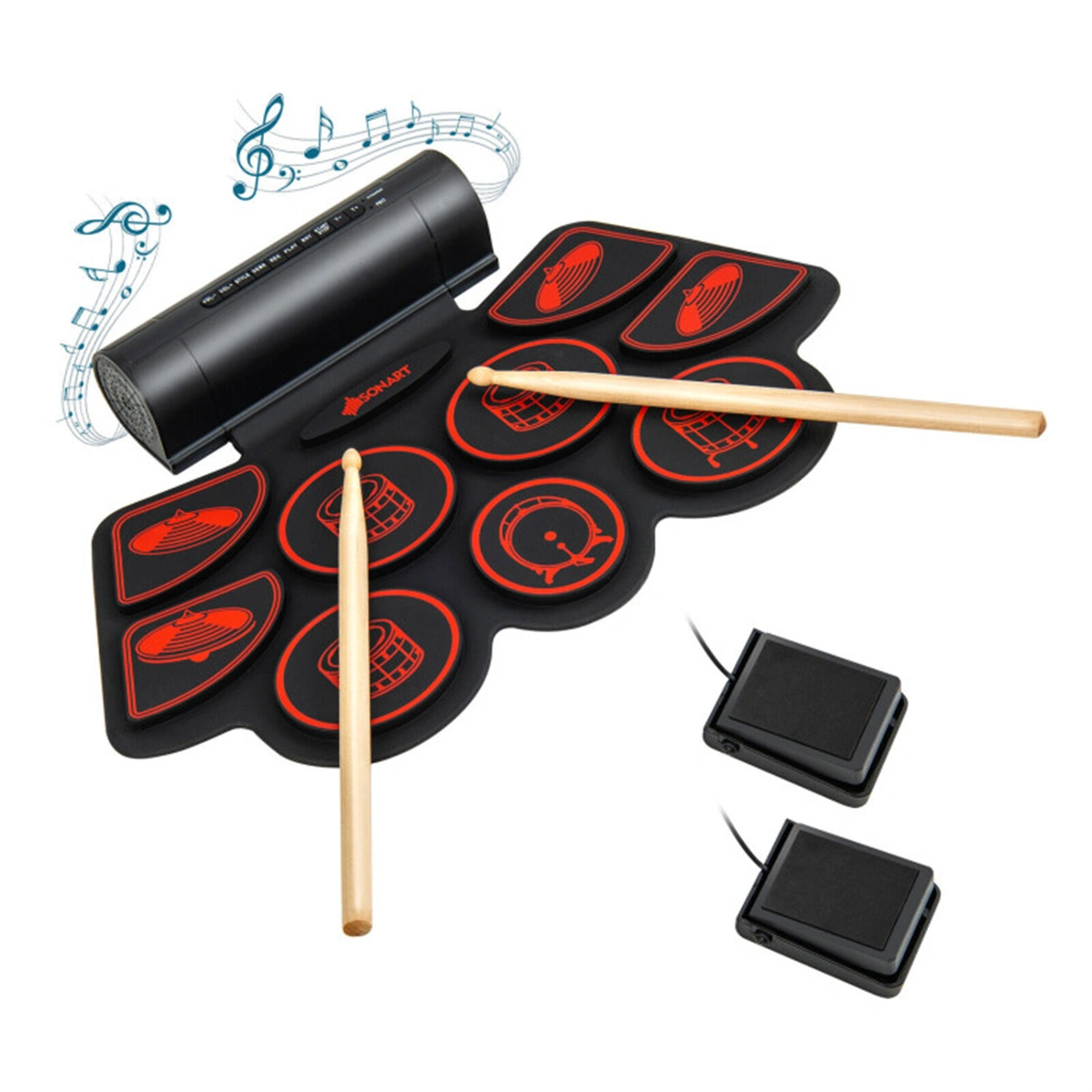 9-Pad Electric Drum Set for Beginners with MIDI USB Connection Dual Stereo Speakers, Black Red