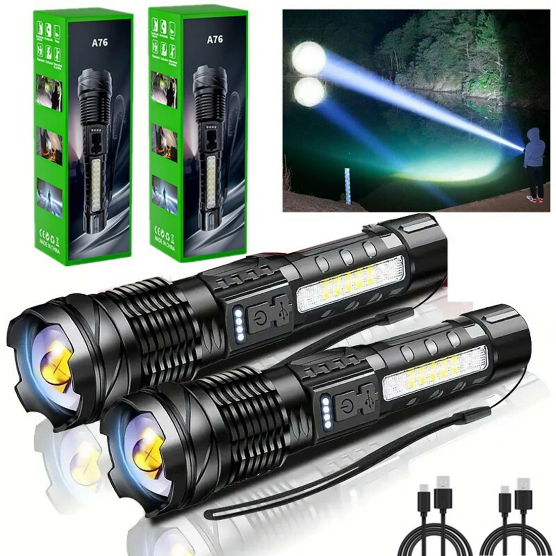 2Pack USB Rechargeable LED Flashlight, Adjustable Focus Work Light for Camping Hiking Outdoor Emergency Use