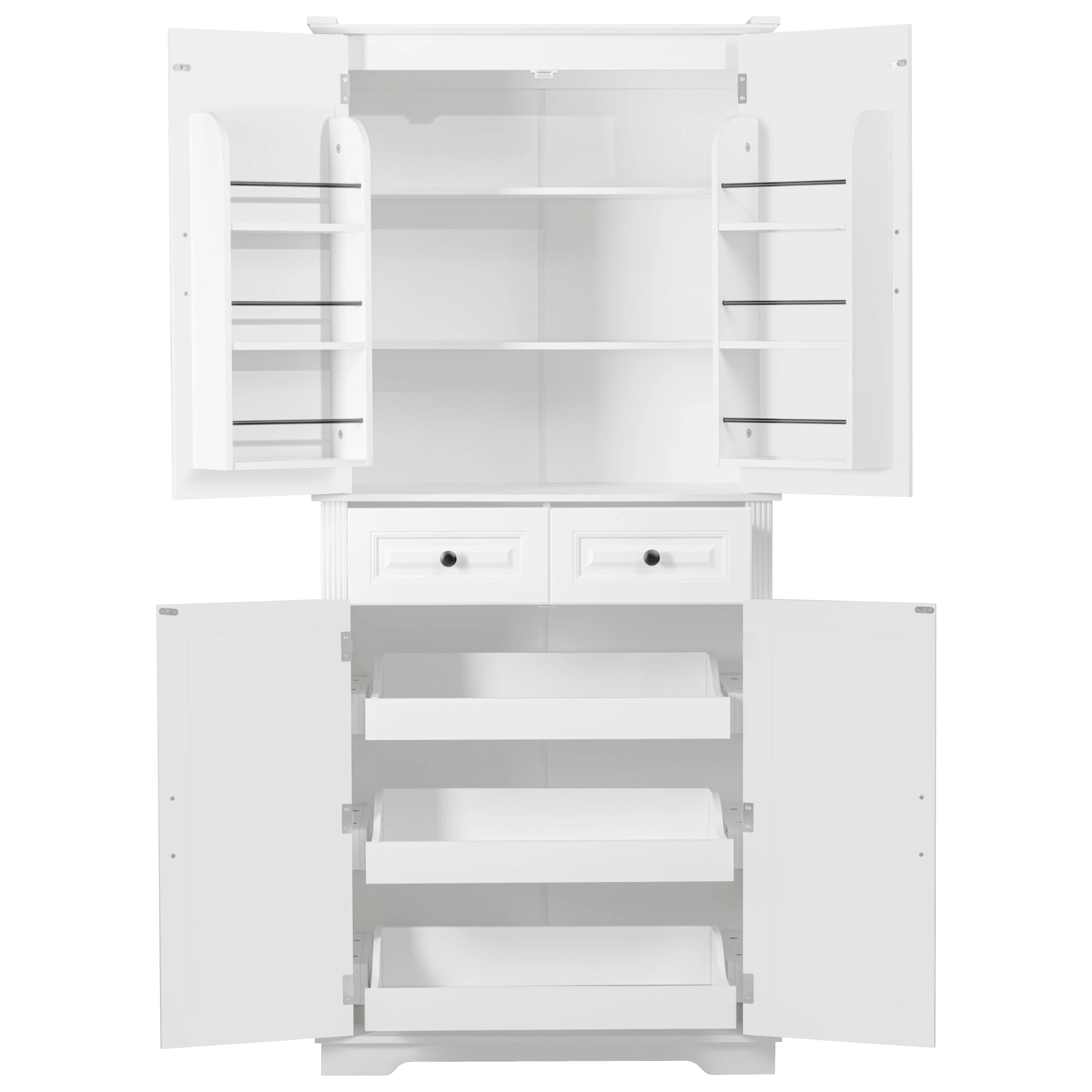 K&K 71" Tall Kitchen Pantry Cabinet with 3 Pull-Out Organizers, 6-Shelf Door & 2 Drawers, Farmhouse Embossed Storage Cupboard, White