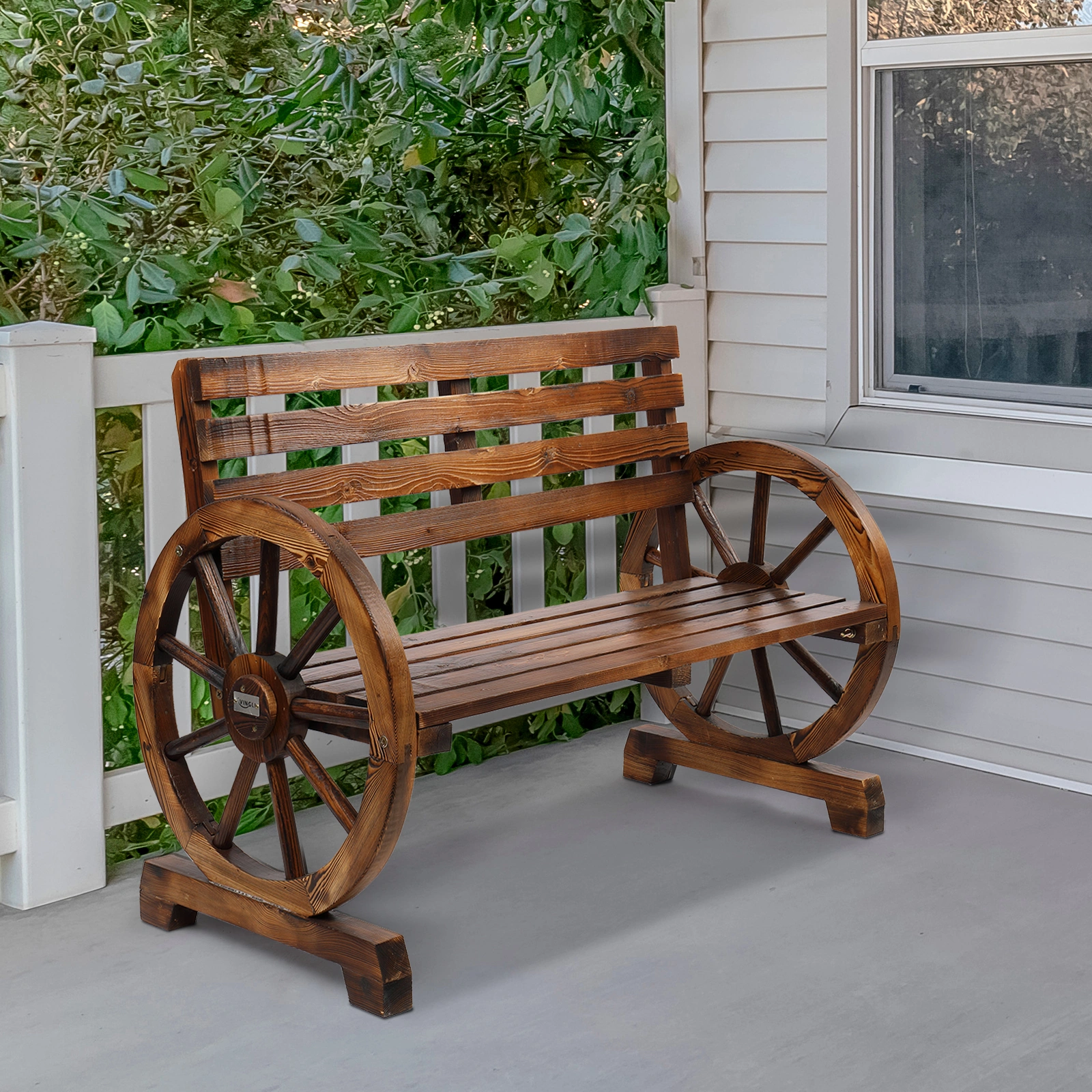 Rustic 2-Person Wagon Wheel Bench - Wooden Bench with Slatted Seat & Backrest, Brown