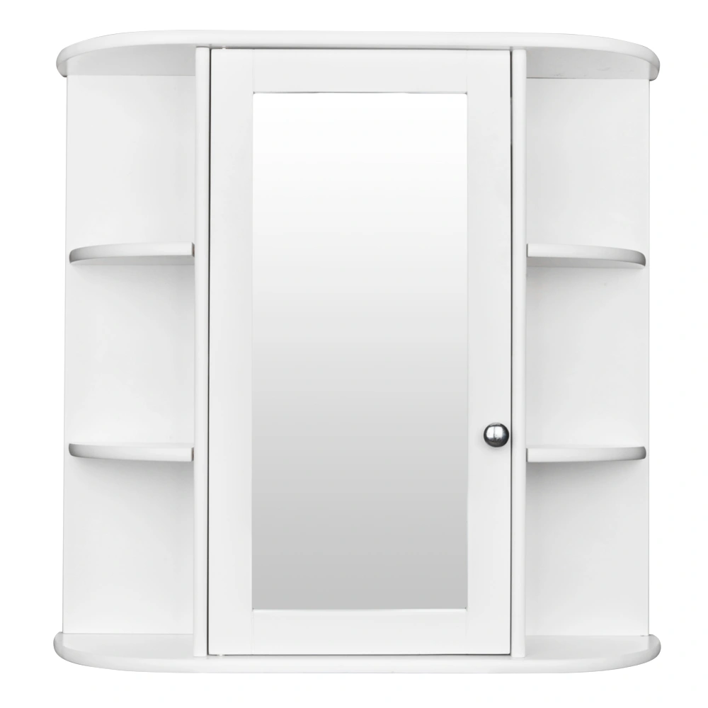 Bathroom Wall Mounted Cabinet with Mirror, 3-Tier Single Door Storage Shelf Unit, White