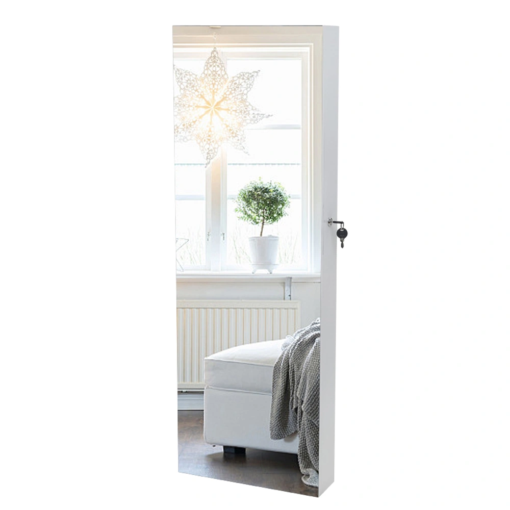 White Wall Mounted Full Length Mirror Wooden Cabinet, 4-Layer Shelf, 2 Drawers, Inner Mirror, 8 Blue LED Light Jewelry Storage