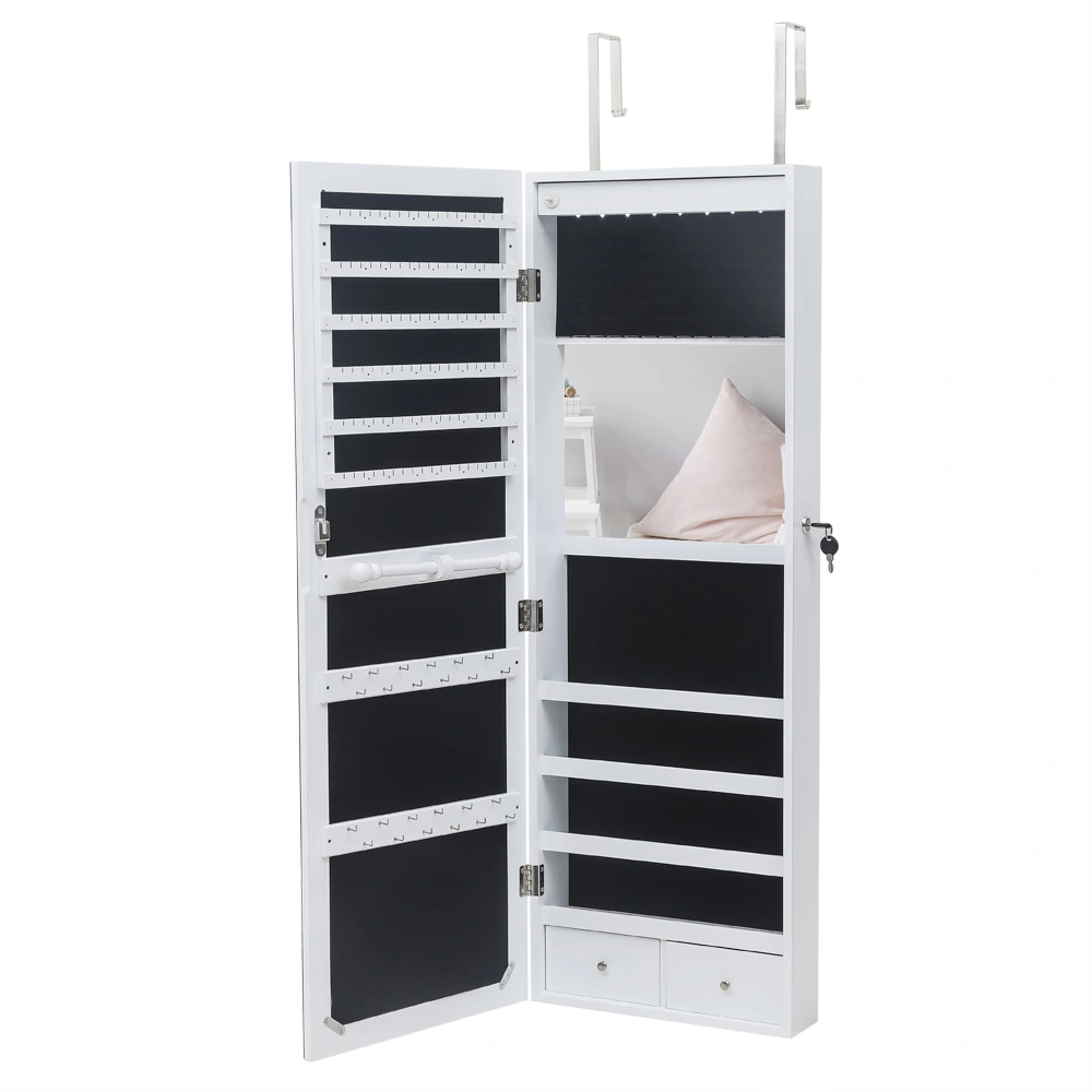 White Wall Mounted Full Length Mirror Wooden Cabinet, 4-Layer Shelf, 2 Drawers, Inner Mirror, 8 Blue LED Light Jewelry Storage view 2