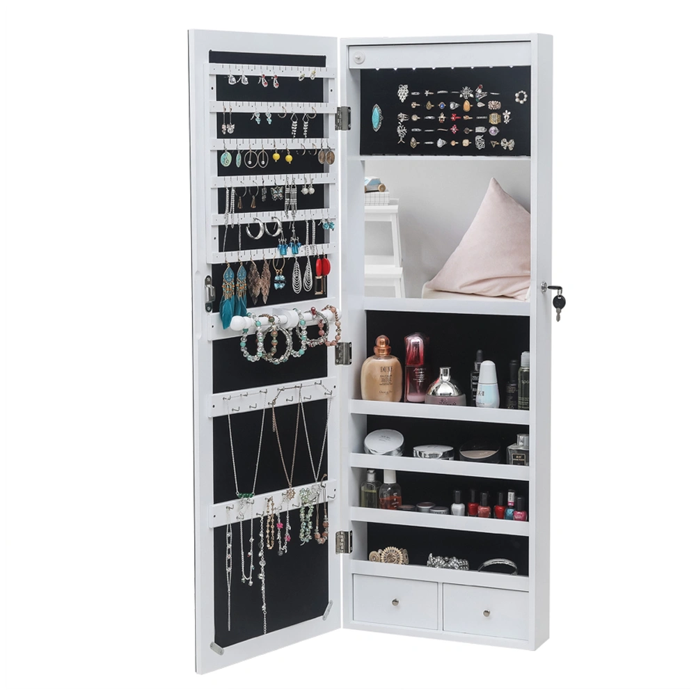 White Wall Mounted Full Length Mirror Wooden Cabinet, 4-Layer Shelf, 2 Drawers, Inner Mirror, 8 Blue LED Light Jewelry Storage view 3