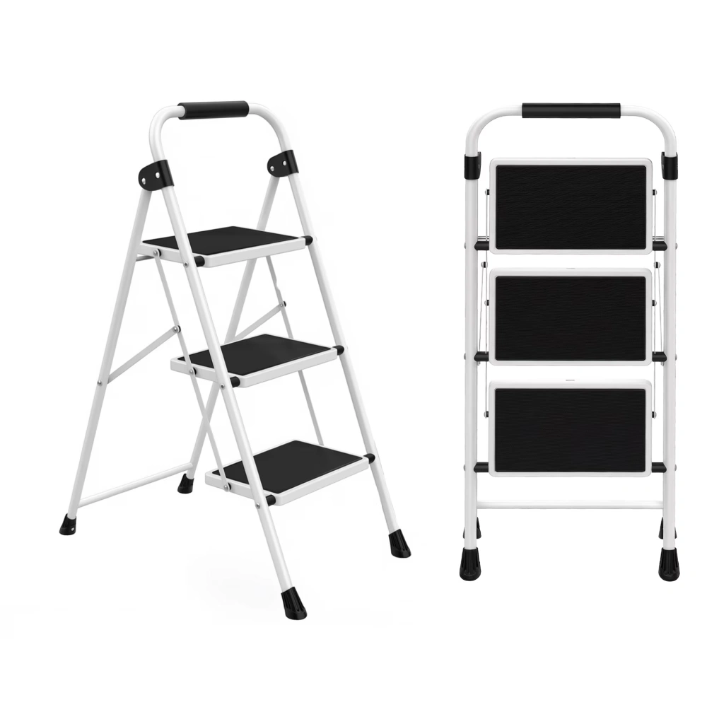 Folding Step Ladder 330 lbs Capacity, 2-Inch Thin Steel Step Stool with Anti-Slip Pedals & Handrails, Sturdy Platform for Home Use