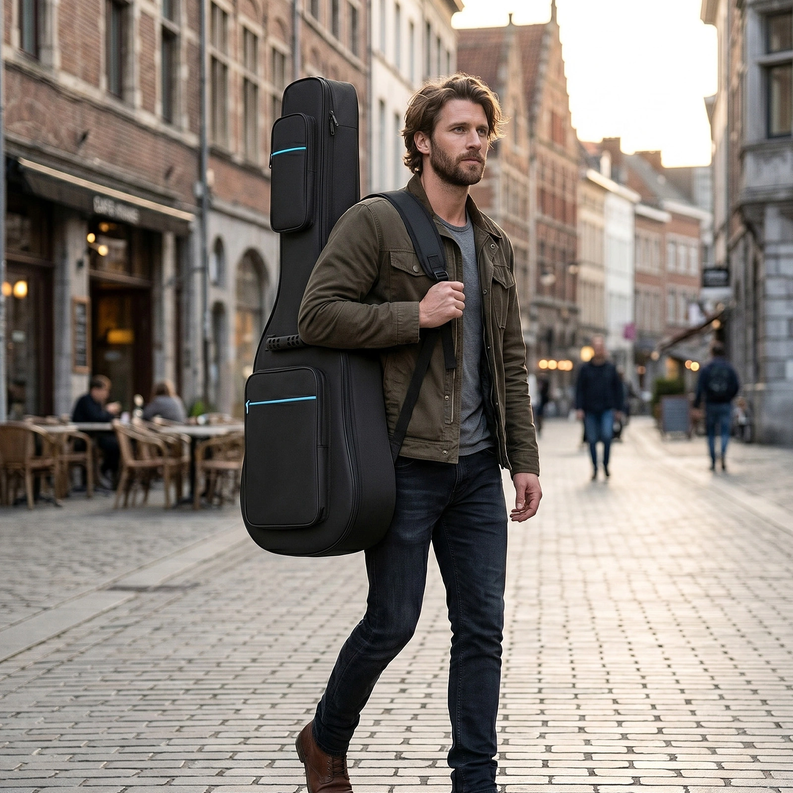 41 Inch Acoustic Guitar Bag, 600D Oxford Cloth Hard Case with Blue Line, Black Guitar Case for Beginners view 8