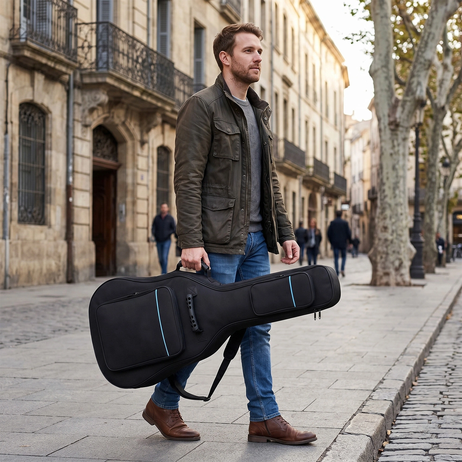 41 Inch Acoustic Guitar Bag, 600D Oxford Cloth Hard Case with Blue Line, Black Guitar Case for Beginners view 9