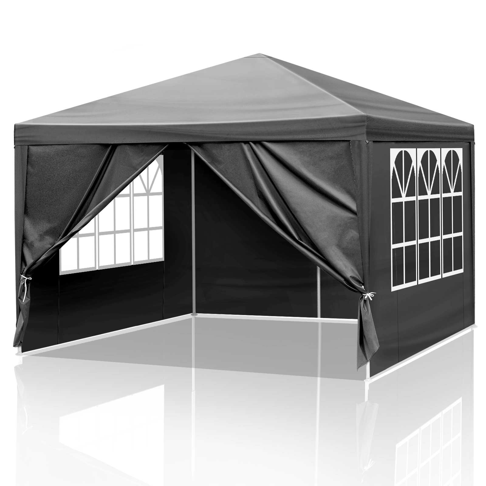 10x10ft Black Outdoor Canopy Gazebo, 4 Removable Panels, 2 Zipper Doors, 2 Mesh Windows, Heavy Duty PE
