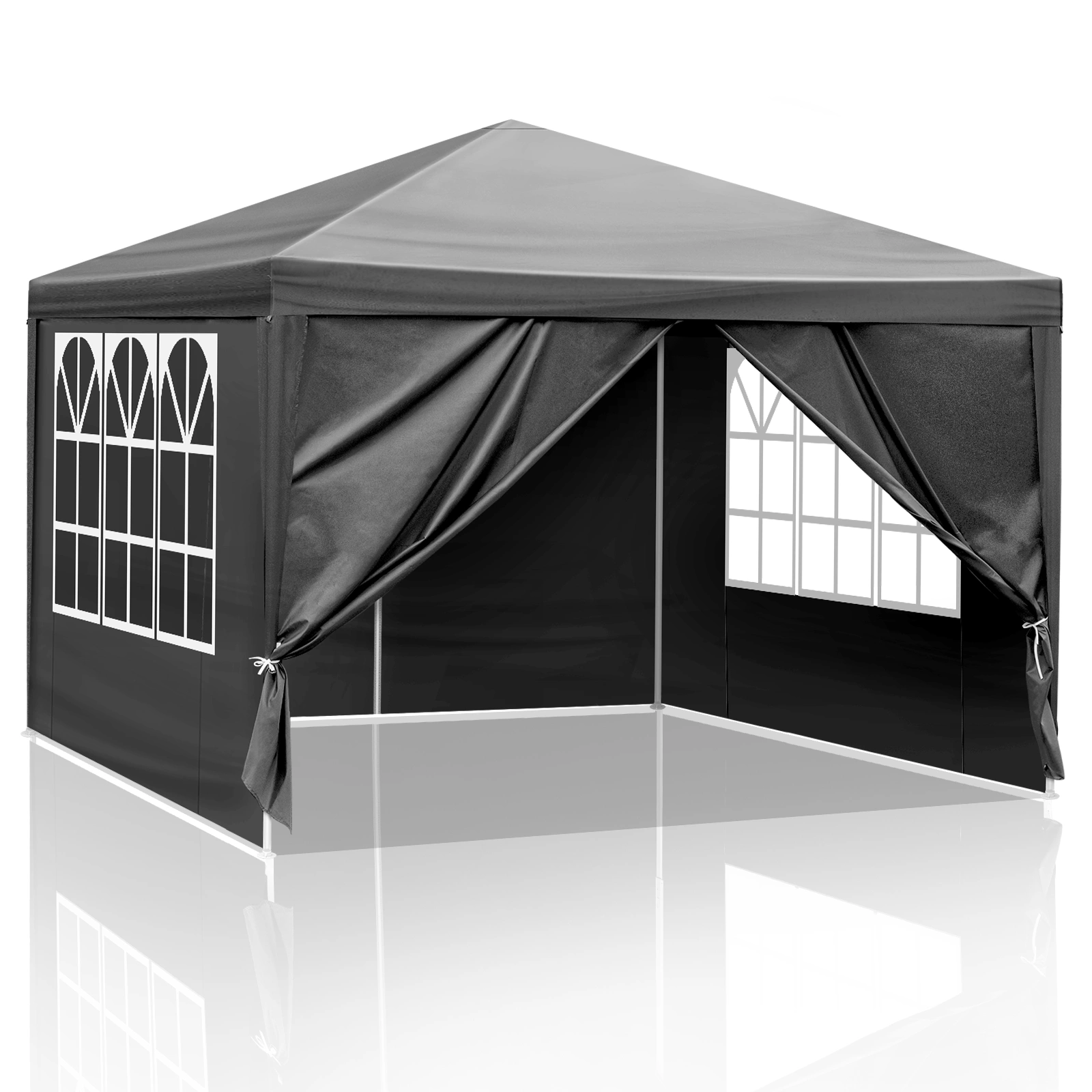 10x10ft Black Outdoor Canopy Gazebo, 4 Removable Panels, 2 Zipper Doors, 2 Mesh Windows, Heavy Duty PE view 11